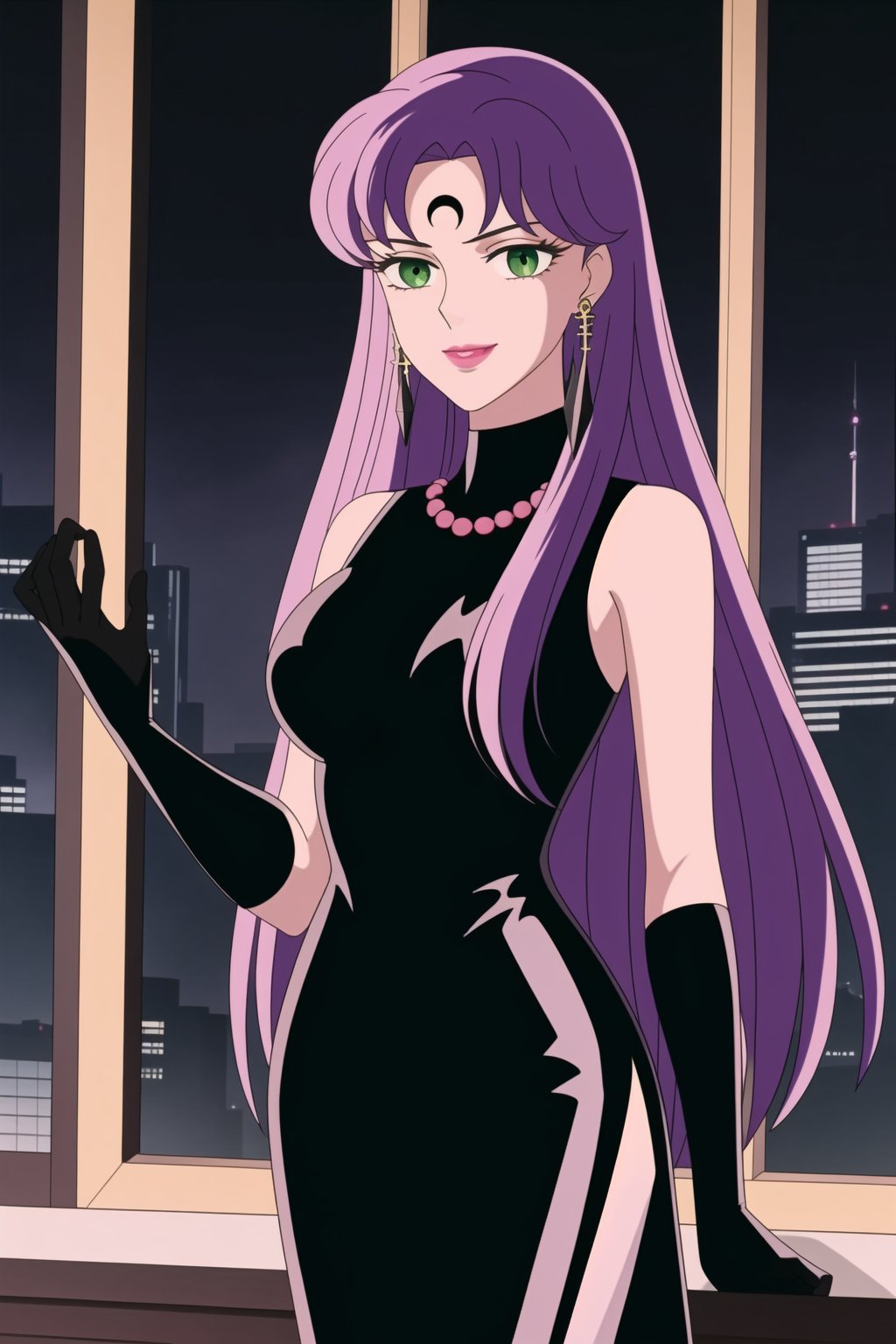 (best quality), (highly detailed), masterpiece, (official art),Saori Kido, long purple hair. bangs, lips, smile,
((Forehead mark, crescent facial mark, black crystal earrings, jewelry)).  Dark  dress, black latex, black sleeveless dress, turtleneck_dress, short dress, elbow gloves, green gloves, thighhighs, large necklace, ((gemstone necklace:1.2)), standing,
Modern luxury lounge with dim lighting, featuring sleek black leather sofas, glass tables, and soft ambient lighting from wall sconces. A large window in the background reveals a city skyline at night, adding a touch of sophistication to the scene