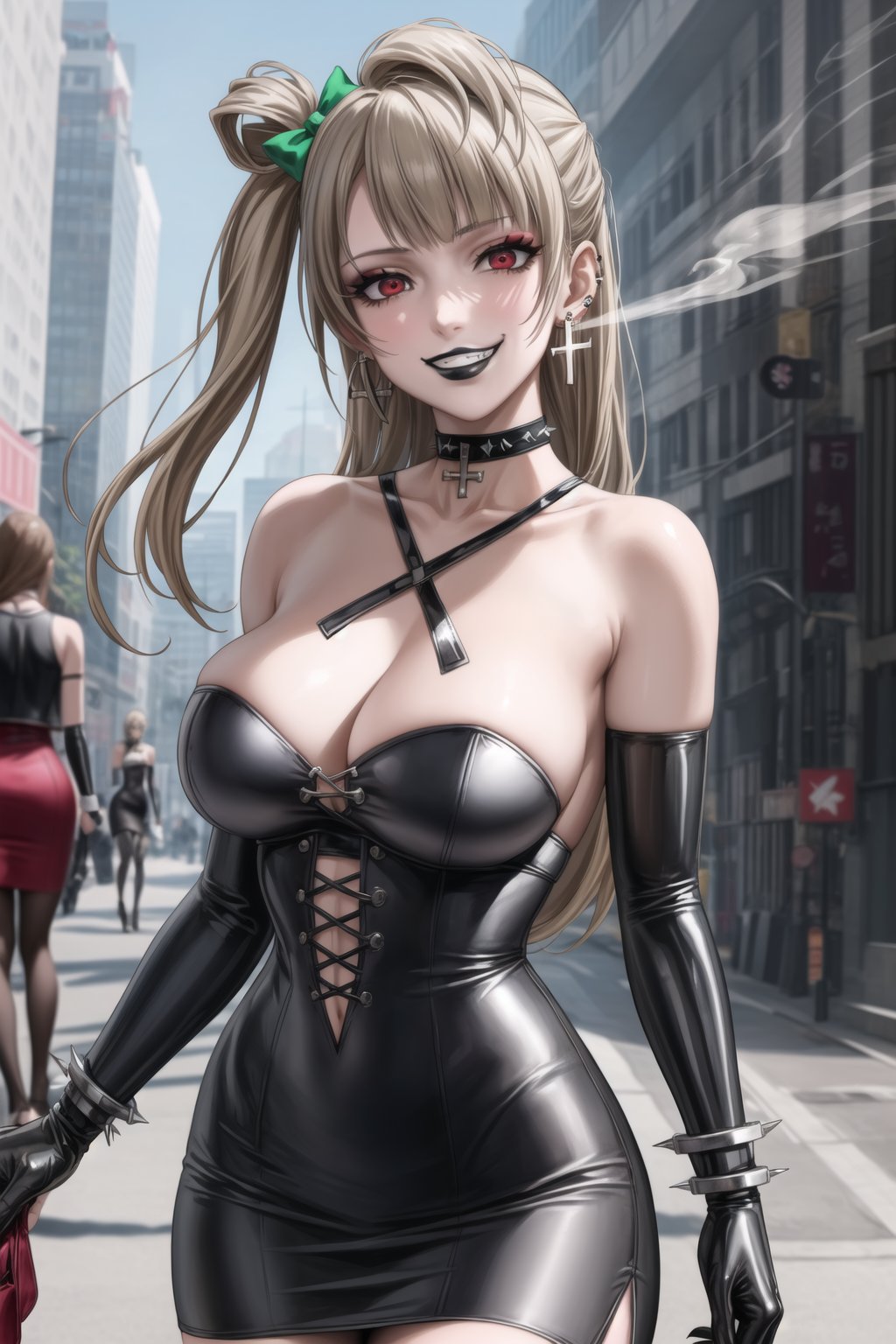 ((best quality)),  ((highly detailed)),  masterpiece,(Black lips:1.4), (white skin:1.4), ((official art)),  detailed face,  beautiful face, (cross-laced clothes:1.3), narrow_waist:1.3, dominatrix:1.4 , (intricate Black dress:1.4), (detailed eyes,  deep eyes),science fiction, cyberpunk:1.3, street,  pose:1.3, smoke:1.3, holding cigarette:1.3, smoking:1.2,((smirk, grin, naughty face, seductive smile, smug)) ,cowboy shot,(lips), minami kotori, long hair,  bangs, hair bow, green bow, (red eyes:1.3),   (spiked bracelet), corset:1.4, (black hoop earring:1.3), curvaceous, voluptuous body, (makeup:1.5) (lips:1.3), (latex:1.3),  (black tube top:1.2), gloves,(elbow gloves:1.2), skirt, black choker, pencil skirt, pantyhose, miniskirt, (black skirt), black gloves, black legwear, black nails,large breasts:1.2, (intricately detailed, hyperdetailed), blurry background, depth of field, best quality, masterpiece, intricate details, tonemapping, sharp focus, hyper detailed, trending on Artstation, 1 girl, solo, high res, official art,black lips