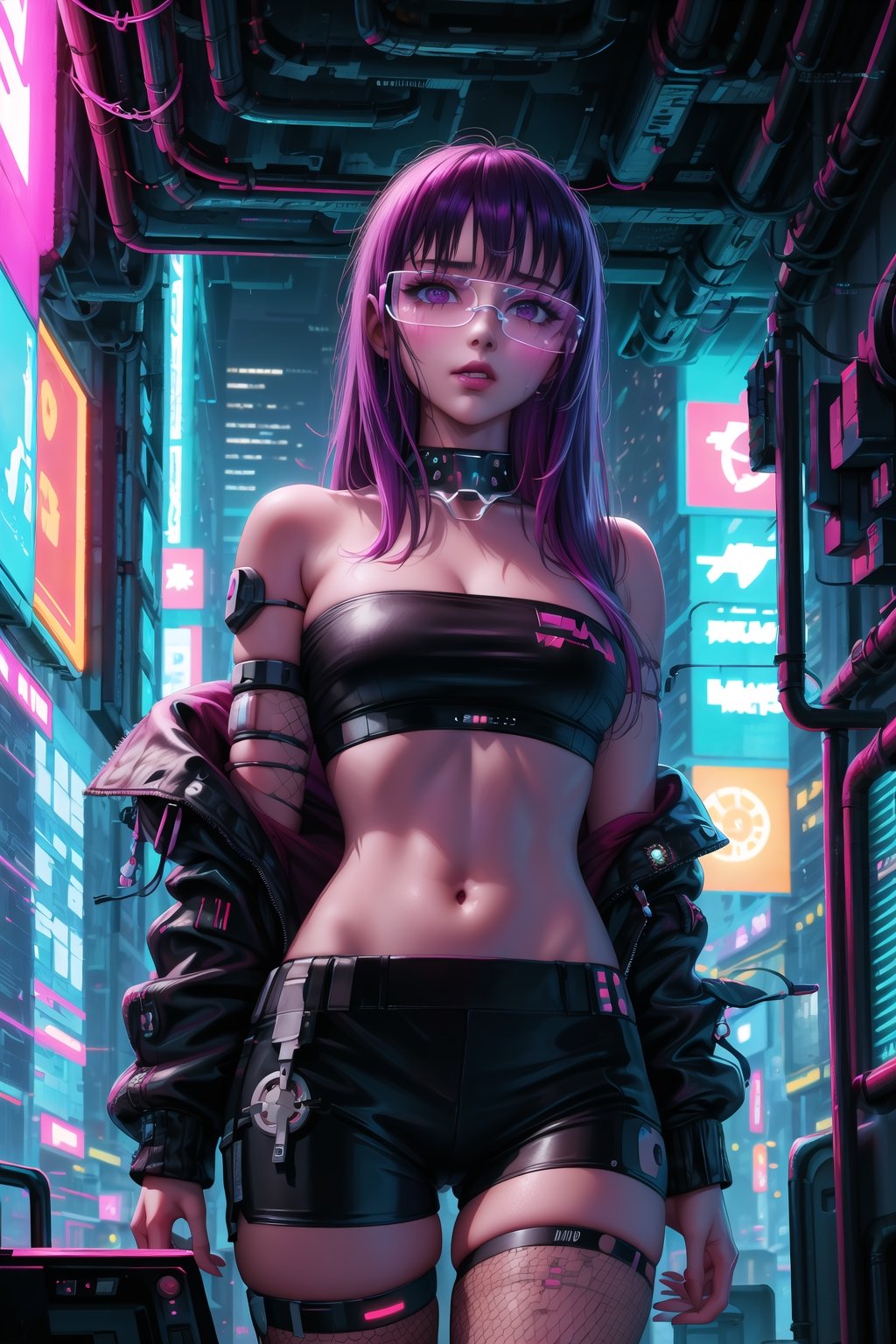 masterpiece,best quality,highres,ultra-detailed,purple hair, long hair, Saori, ((hacker)), ((black tube top,navel)),fishnets ,computer, monitor, wive, cable,(( cyberpunk)), indoors, neon nigth, ((Cyborg)), ((star wars)), chip, cyberpunk, collar, jacket,((cyberpunk glasses))