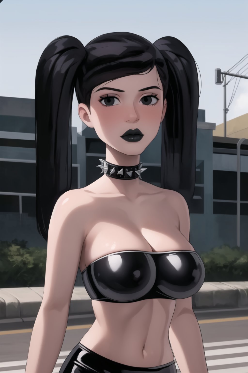 ((best quality)),  ((highly detailed)),  masterpiece,  ((official art)),(gwentennyson, (((twintails))), black hair:1.3),((black eyes, empty eyes,expressionless,hypnosis)), ((makeup,lipstick, black lips:1.2)),absurdres, (spiked collar:1.2),  dutch angle, coyboy shot, lips,  blush,  (black latex:1.3),  black dress:1.2,  miniskirt  ((bodyconf)),  bare shoulders,  ((tube top, navel, strapless)),  large breast,  looking at viewer,  street,  city,  nigth,  moon,  club,  (nigth club),  , hd quality,  perfect face , realistic,  realistic body,  perfect face sync,  , b1mb0,,,black lips