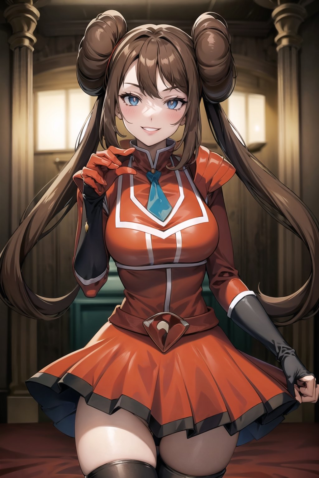 (best quality), (highly detailed), masterpiece, (official art), rosa, long hair, hair bun, twintails, double bun, large breasts, very long hair, (team flare:1.2), gloves,juliet_sleeves, long_sleeves , pleated skirt, thighhighs, thigh boots, dress, belt, red dress, pantyhose, (lips), grin, smirk, (seductive pose), cowboy shot, looking at viewer, indoors, blurry background,depth of field, best quality, masterpiece, intricate details, tonemapping, sharp focus, hyper detailed, trending on Artstation,