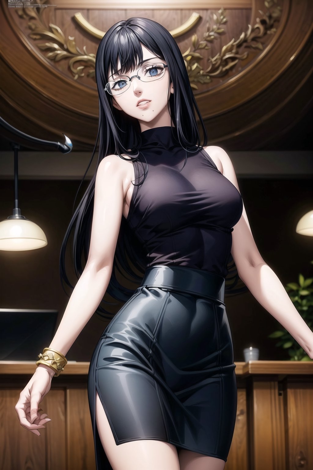 ((best quality)),  ((highly detailed)),  masterpiece,  ((official art)), (lolopechka, black hair, bangs, long hair, glasses),lips, sleeveless, bare shoulders, figure, turtleneck, ((black shirt)), black pencil skirt,(office), lady office, print skirt, floral print, high-waist skirt, shirt_tucked_in, building, bracelet, parted lips,  indoors, intricately detailed, hyperdetailed, blurry background, depth of field, best quality, masterpiece, intricate details, tonemapping, sharp focus, hyper detailed, trending on Artstation, 1 girl, high res, official art,RockOfSuccubus