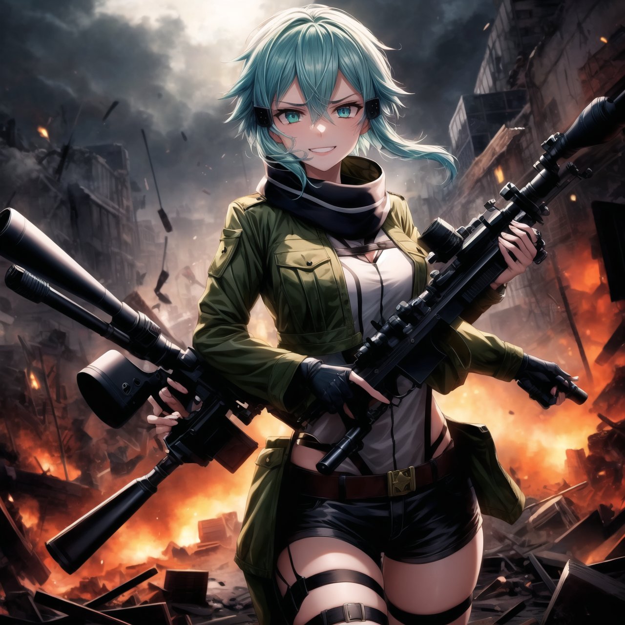 Highly detailed anime illustration of Sinon in the midst of a desolate battlefield, her blue hair whipping in the wind as she fires her sniper rifle with deadly precision. Her sharp aqua eyes, partially obscured by strands of hair, gleam with a twisted joy, and a sadistic smile spreads across her face, reflecting her dark pleasure in the chaos of combat.

sinon1 is dressed in her signature combat outfit: a green cropped jacket open at the front, revealing a white scarf that flutters as she moves. Her black shorts and fingerless gloves are practical for the fight, while her sniper rifle is held firmly, aimed with unwavering focus. The rifle's muzzle flashes brightly, illuminating the battlefield in sharp, cold light.

The surrounding environment is bleak and war-torn, with crumbling structures and a cloudy, dark sky overhead, adding to the tension and intensity of the scene. The ground is littered with debris, evidence of the ongoing conflict. Shadows and light play across her form, emphasizing her role as a hunter in this grim setting.

Despite the devastation around her, Sinon’s sadistic smile and the gleam in her eyes make it clear she relishes the battle, her laughter echoing amidst the destruction. Every shot she takes is precise, her enjoyment of the fight apparent in every detail of her expression and posture.

Key Details:

The sniper rifle is depicted in high detail, with visible muzzle flash and recoil captured mid-shot.
Sinon's expression is the focal point, her sadistic smile and bright, crazed eyes adding a layer of psychological depth.
The battlefield is grim, with dark, moody lighting that contrasts with the bright flashes of gunfire.
Her pose is dynamic, with the rifle held steady as she fires, her body language exuding confidence and delight in the violence.
The overall atmosphere is dark and intense, highlighting Sinon's enjoyment of the chaos and her role as a formidable sniper in the heat of battle.