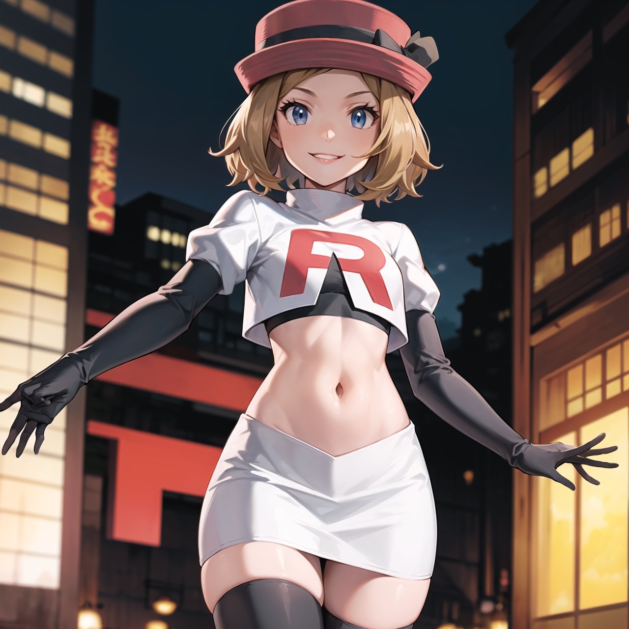 (best quality), (highly detailed), masterpiece, (official art), serena, red hat, short hair, Brown hair, poke ball, poke ball (basic), holding poke ball, posing, lips,( evil smile), Team Rocket, cropped jacket, white jacket, crop top, jacket, gloves, black gloves, elbow gloves, navel, midriff, white skirt, miniskirt, skirt, thighhighs,, looking at viewer, china, asiática, city, night, sky, (intricately detailed, hyperdetailed), blurry background,depth of field, best quality, masterpiece, intricate details, tonemapping, sharp focus, hyper detailed, trending on Artstation,1 girl, high res, official art