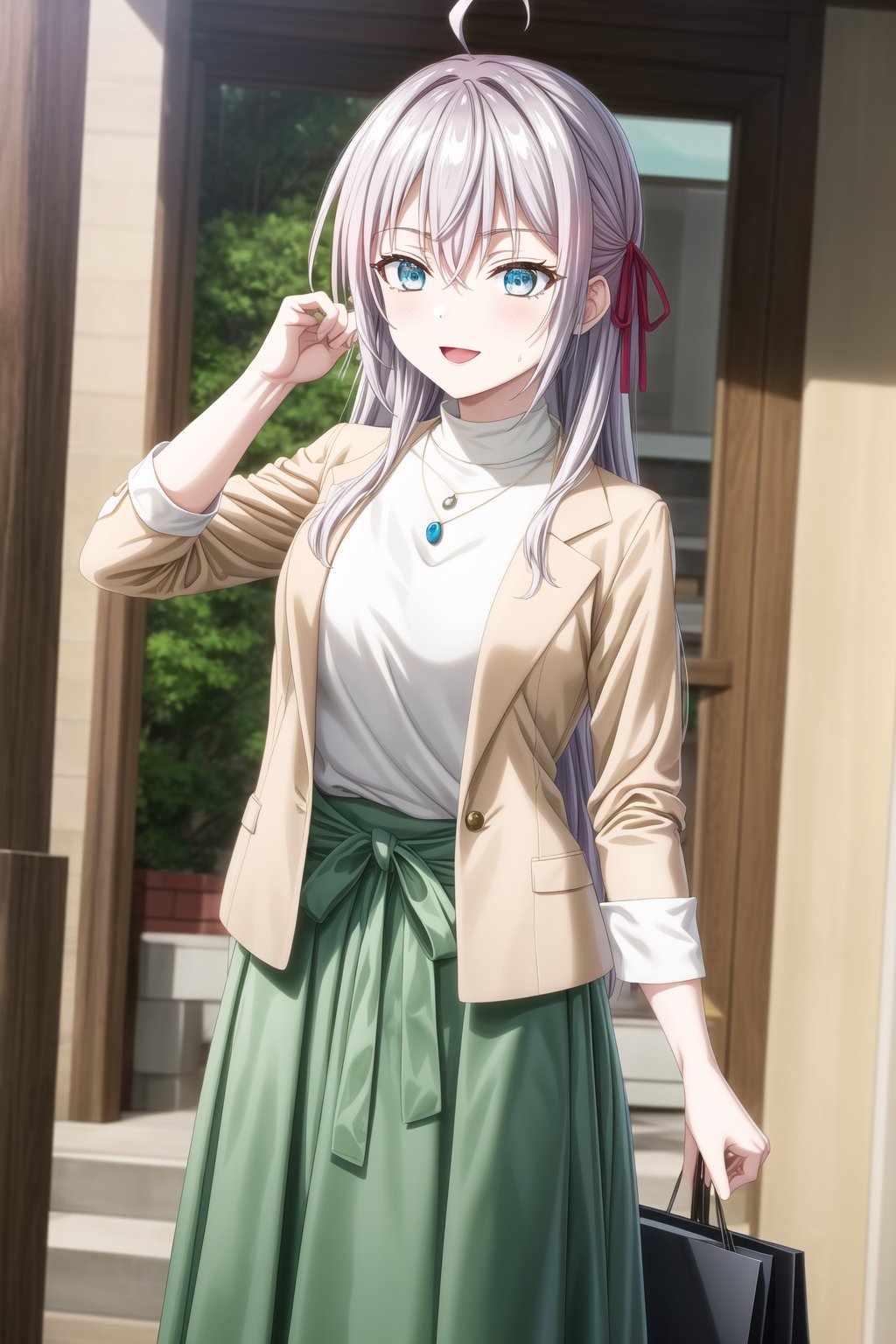  (best quality), (highly detailed), masterpiece, (official art), 1girl, solo, alya, long hair, grey hair, blue eyes, hair between eyes, hair ribbon, red ribbon, ahoge , smile, pose, jewelry, long sleeves, open clothes, necklace, bag, green skirt, brown jacket, handbag, sweatdrop, white sweater, open jacket, turtleneck, pendant, brown jacket, shopping