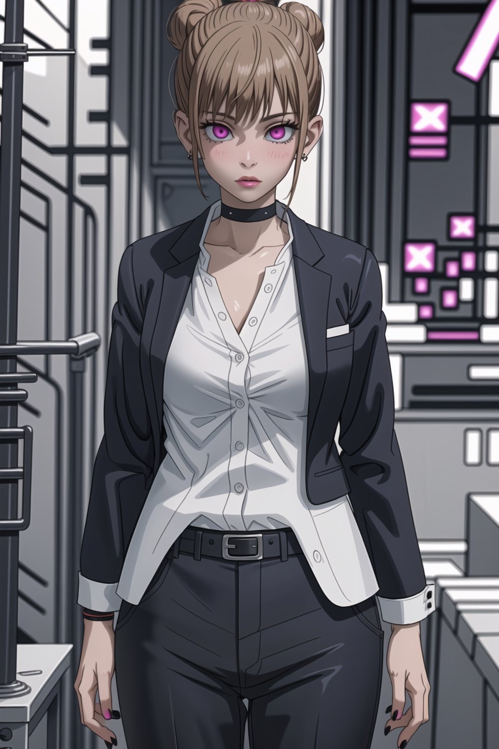 ((best quality)),  ((highly detailed)),  masterpiece,1girl, 1girl, (lips:1.2), seductive smile, smirk, naughty_face,nail polish, solo,   black pants,  formal,  black jacket,  open jacket,  (white shirt),  belt, ,  black jacket, (black suit),  long sleeves,  shirt tucked in,, (black choker), blush, earrings, black nails, looking at viewer, standing, cowboy shot, fingernails,  bar,outdoor,lamp,nigth,space, alcohol, sexy pose:1.2, purple nails, wristband ,Nanako,  brown hair,  pink eyes, jewelry, hair bun, single hair bun,  gyaru,StandingAtAttention,<lora:659111690174031528:1.0>