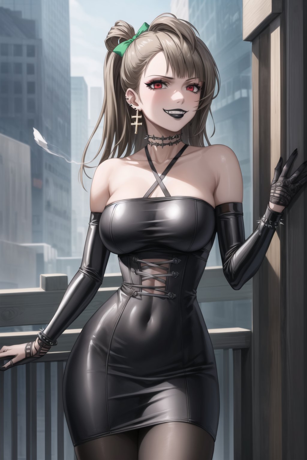 ((best quality)),  ((highly detailed)),  masterpiece,(Black lips:1.4), (white skin:1.4), ((official art)),  detailed face,  beautiful face, (cross-laced clothes:1.3), narrow_waist:1.3, dominatrix:1.4 , (intricate Black dress:1.4), (detailed eyes,  deep eyes),science fiction, cyberpunk:1.3, street,  pose:1.3, smoke:1.3, holding cigarette:1.3, smoking:1.2,((smirk, grin, naughty face, seductive smile, smug)) ,cowboy shot,(lips), minami kotori, long hair,  bangs, hair bow, green bow, (red eyes:1.3),   (spiked bracelet), corset:1.4, (black hoop earring:1.3), curvaceous, voluptuous body, (makeup:1.5) (lips:1.3), (latex:1.3),  (black tube top:1.2), gloves,(elbow gloves:1.2), skirt, black choker, pencil skirt, pantyhose, miniskirt, (black skirt), black gloves, black legwear, black nails,large breasts:1.2, (intricately detailed, hyperdetailed), blurry background, depth of field, best quality, masterpiece, intricate details, tonemapping, sharp focus, hyper detailed, trending on Artstation, 1 girl, solo, high res, official art,black lips