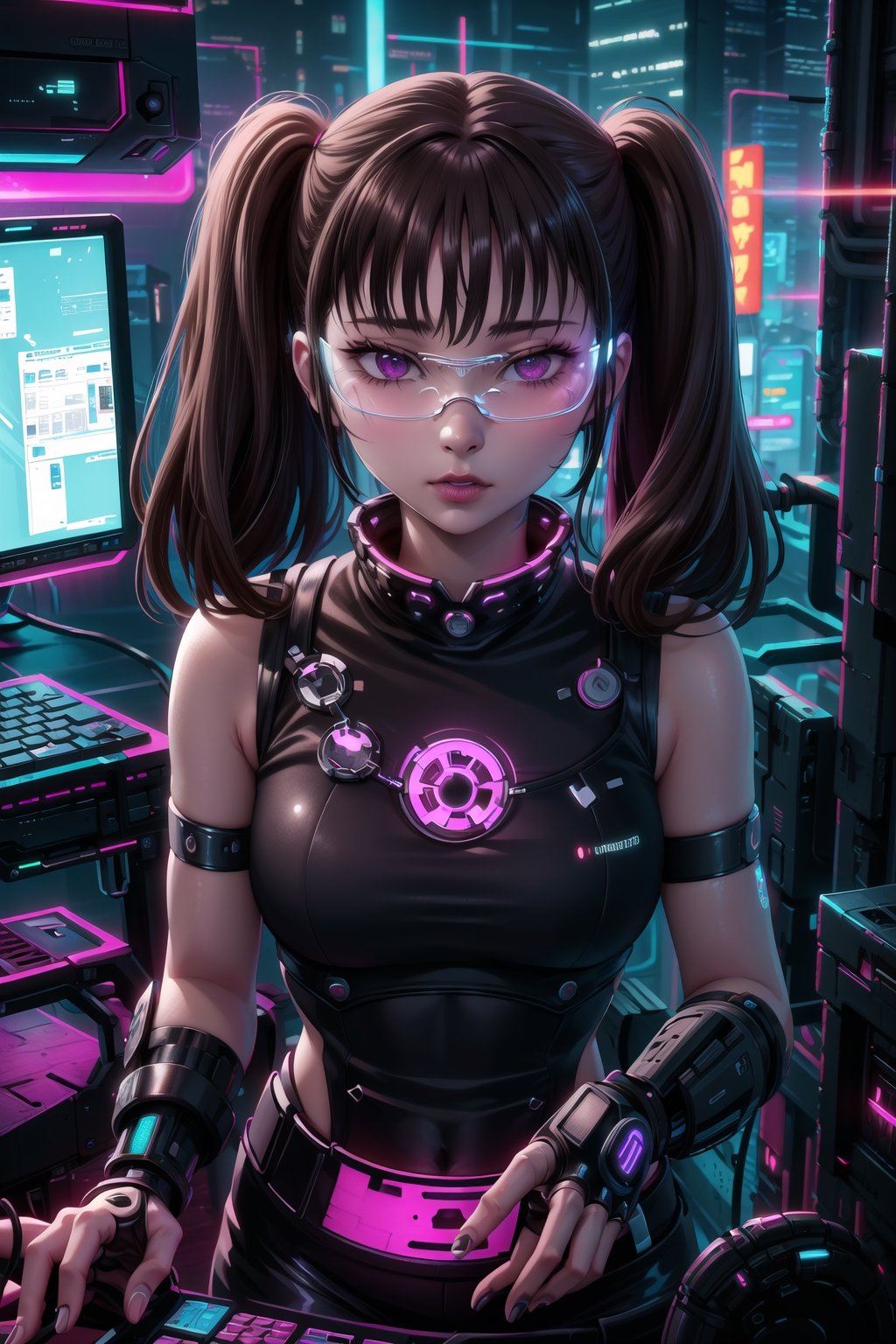 masterpiece,best quality,highres,ultra-detailed,diane, ((twintails)), purple eyes, brown hair, bangs,  ((hacker)), ,fishnets ,computer, monitor, wive, cable,(( cyberpunk)), indoors, neon nigth, ((Cyborg)), ((star wars)), chip, cyberpunk, collar, confident and curious gaze, futuristic cyberpunk hacker attire, high-tech bodysuit with glowing circuitry patterns, fingerless gloves and augmented reality glasses, underground hacker den, surrounded by screens displaying code and data, typing rapidly on a holographic keyboard, exuding intelligence and tech-savviness, cyberpunk and gritty atmosphere, dark color palette with neon highlights,((cyberpunk glasses)), 