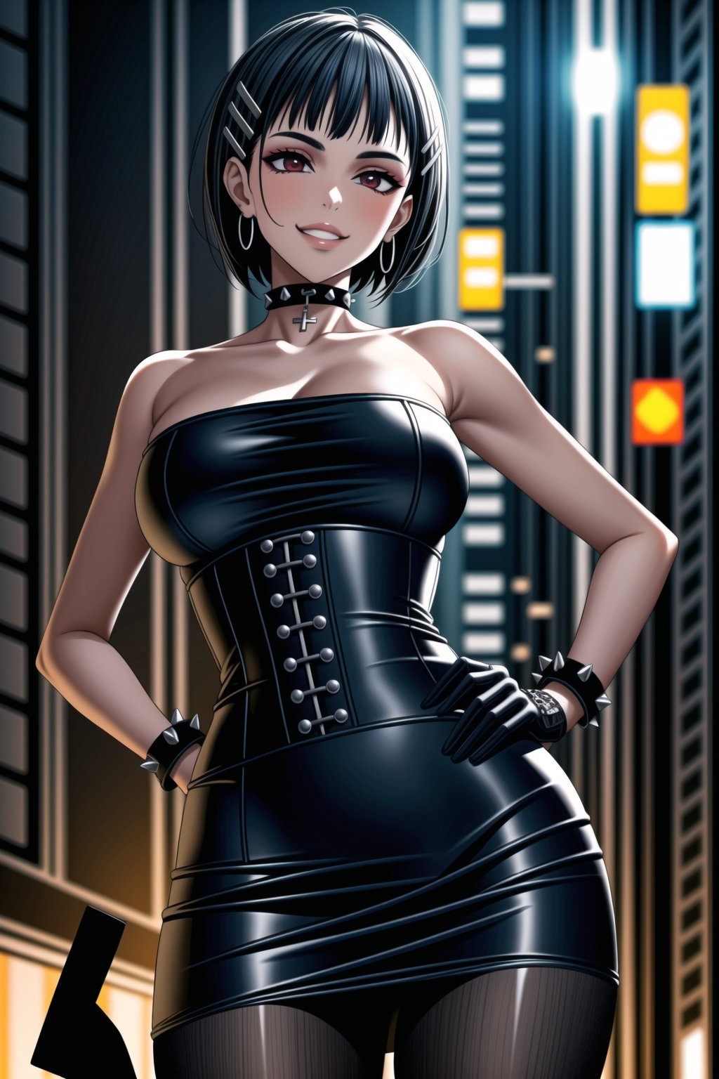 ((best quality)),  ((highly detailed)),  masterpiece,  ((official art)),  detailed face,  beautiful face, narrow_waist:1.3 , (intricate Black dress:1.4),(detailed eyes,  deep eyes),((extended_arm, presenting_gift, gift_giving, front_view, gesture)),(science fiction, cyberpunk:1.2, street, shopping, dark background),((smirk, grin, naughty face, seductive smile, smug, arm behind head, hand_on_own_hip, head_tilt)),, ,cowboy shot,(lips), ,kirigaya suguha, blunt bangs, short bangs, black hair:1.3, short hair, hair ornament, hairclip,(red eyes),  cross-laced clothes, (spiked bracelet), corset:1.4,chinese dress:1.2, hoop earring, curvaceous, voluptuous body, (makeup:1.3) (lips:1.3), (latex),  (black tube top:1.2), gloves, fingerless gloves, skirt, black choker, belt, pencil skirt, pantyhose, miniskirt, (black skirt), black gloves, black legwear, black choker, Black nails,large breasts, conspicuous elegance, snobby, upper class elitist, possesses an arroaant charm. her Dresence commands attention and enw, (intricately detailed, hyperdetailed), blurry background, depth of field, best quality, masterpiece, intricate details, tonemapping, sharp focus, hyper detailed, trending on Artstation, 1 girl, solo, high res, official art,<lora:659111690174031528:1.0>