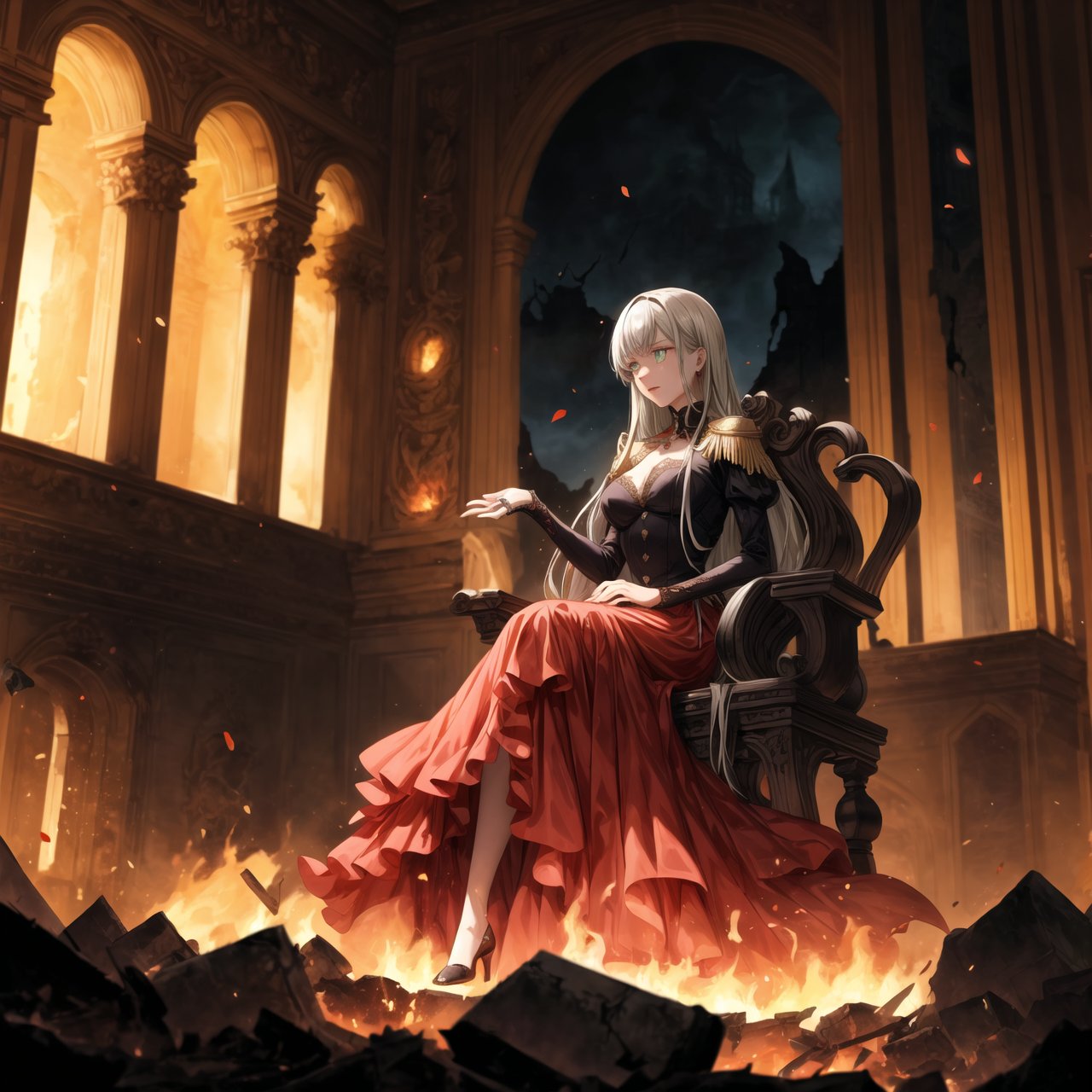 Anime illustration of Elizabeth, transformed into the corrupted ruler of Hell, sitting on a luxurious golden throne on a grand balcony. Her long hair flows from a gradient of white to black, symbolizing her descent into darkness, and her once green eyes now glow with a menacing red hue. She wears an elaborate black and red gown adorned with sinister symbols and glowing red accents, reflecting her dominance and cruelty.

Elizabeth's expression is cold and devoid of emotion as she holds a delicate porcelain teacup with her right hand, her left finger placed on her lips in a gesture of silence. Her gaze is fixed on the scene before her, a hellish landscape of a city engulfed in flames. Tall buildings and ancient architecture are crumbling and burning, casting an orange and red glow across the sky, creating a dramatic and chaotic atmosphere.

The balcony is decorated with large vases overflowing with vibrant red roses, some petals gently falling in the foreground, adding a touch of morbid beauty to the scene. The setting sun enhances the fiery ambiance, casting long shadows and illuminating the destruction.

On the table beside her, there are various elegant tea sets and a candlestick with lit candles, adding a warm light to the dark setting. Rivers of lava flow through the city, jagged rocks protrude from the ground, and tormented souls can be seen in the distance. Dark clouds swirl above with lightning illuminating the oppressive atmosphere of her dominion.

Details:

Elizabeth's gown has intricate gold embroidery and shoulder epaulets, signifying her regal yet malevolent status.
Her throne is adorned with dark, gothic designs and glowing red gems.
The flames and lava cast a flickering light on her cold, emotionless face, emphasizing her transformation.
The roses on the balcony are vibrant, yet some are wilted, symbolizing corruption and decay.
The background shows a mix of ruined ancient architecture and modern buildings, enhancing the sense of chaos and destruction.
The lighting highlights the contrast between the opulence of Elizabeth's appearance and the devastation of the landscape.