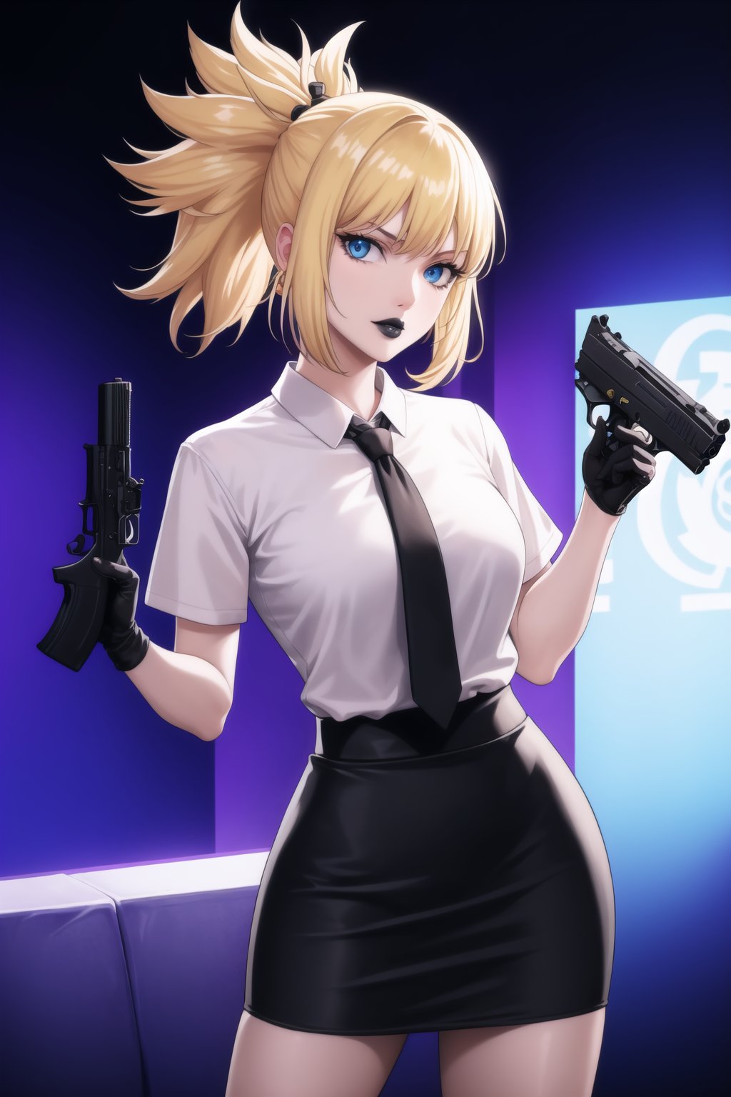 (best quality), (highly detailed), masterpiece, (official art),  kohaku, blonde hair, blue eyes, hair ornament, ponytail, solo,  lips:1.2, black lips:1.4, lipstick:1.2, skirt, black neckktie, latex:1.2, gloves, pencil_skirt, shirt, black gloves, standing, looking at viewer, white shirt, breasts, black skirt, looking at viewer, (/nightclub scene, neon lights), , club, (nigth club), ,hd quality, perfect face ,realistic, realistic body , perfect face sync,night club,StandingAtAttention,marinette,night club,b1mb0, gun, weapon, holding gun, handgun, holding, pistol, gun, handgun, pistol, holding weapon,  trigger discipline,