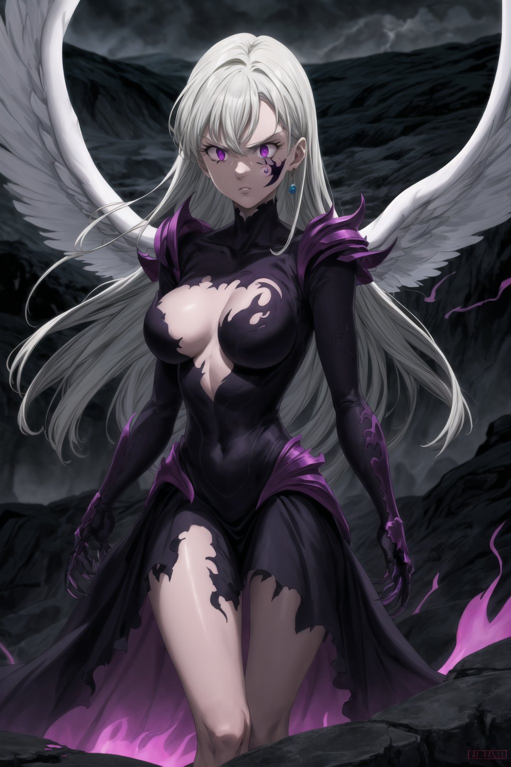 monochrome,greyscale,(tattoo,facial mark,aura,glowing,bodypaint,smoke,dark aura:1.2),1girl,long hair,medium breasts,black hair,angry,purple eyes,wings,claws,looking at viewer,nude,censored,armor,convenient censoring,Elizabeth, black hair, lips, ruler of hell, stands as a malevolent dictator, her long hair flowing like darkness itself, gradient from white to dark, framing her cold gaze. Her elaborate gown, adorned with sinister symbols and glowing red accents, reflects her dominance and cruelty. The background features a hellish landscape: rivers of lava, jagged rocks, tormented souls, and dark clouds with lightning. Eerie, red and black glows illuminate the scene, capturing the dark and oppressive atmosphere of her dominion.