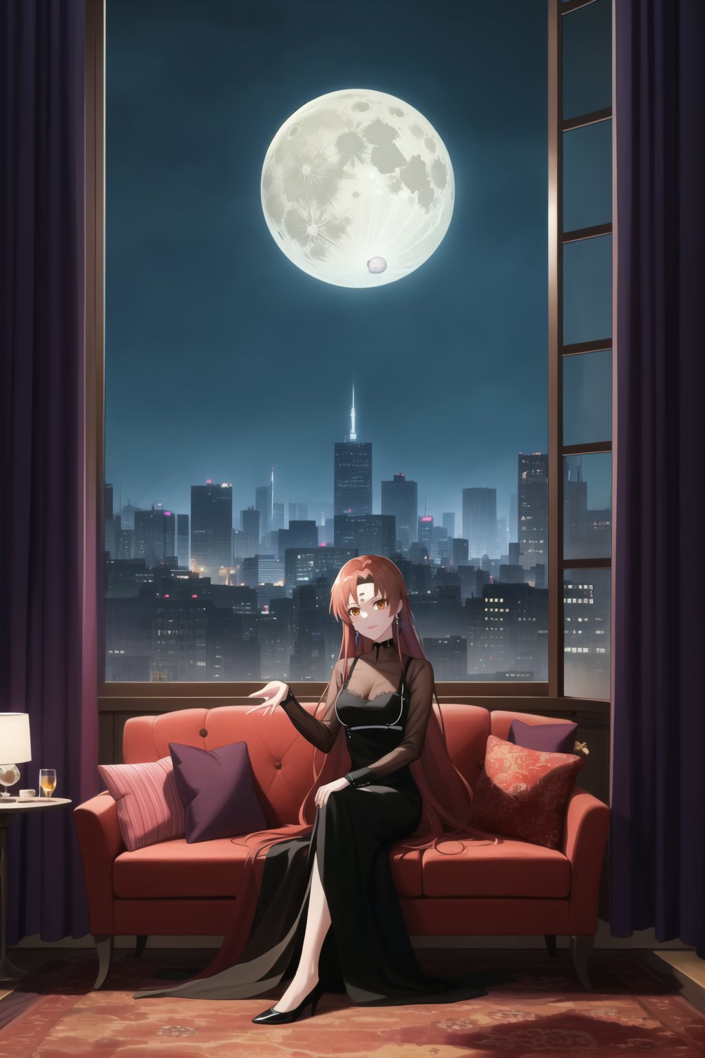 (best quality), (highly detailed), masterpiece, (official art),asuna yuuki, long hair, orange hair, red hair, brown eyes, looking at viewer,  dress, jewelry, see-through, facial mark, moon,  aged up, forehead mark, crescent facial mark, crystal earrings,  sitting
Modern luxury lounge with dim lighting, featuring sleek black leather sofas, glass tables, and soft ambient lighting from wall sconces. A large window in the background reveals a city skyline at night, adding a touch of sophistication to the scene,