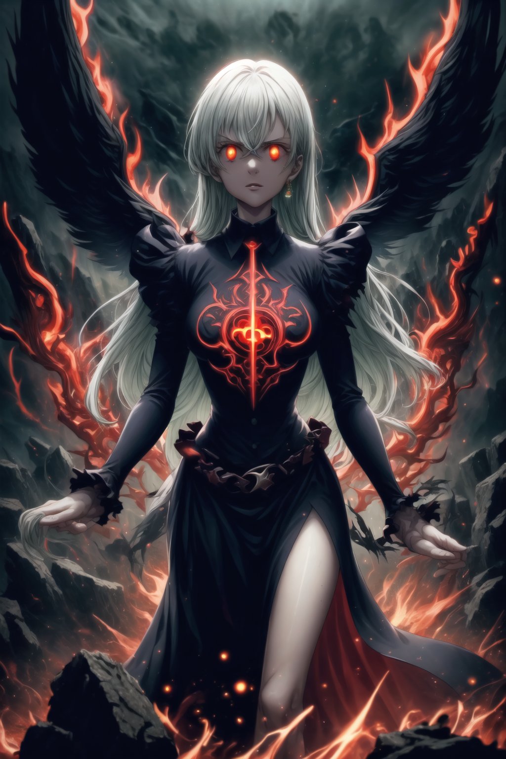 Elizabeth, black hair, lips, ruler of hell, black wings,darkness wings,wings,demon wings,stands as a malevolent dictator, her long hair flowing like darkness itself, gradient from white to dark, framing her cold gaze. Her elaborate gown, adorned with sinister symbols and glowing red accents, reflects her dominance and cruelty. The background features a hellish landscape: rivers of lava, jagged rocks, tormented souls, and dark clouds with lightning. Eerie, red and black glows illuminate the scene, capturing the dark and oppressive atmosphere of her dominion.