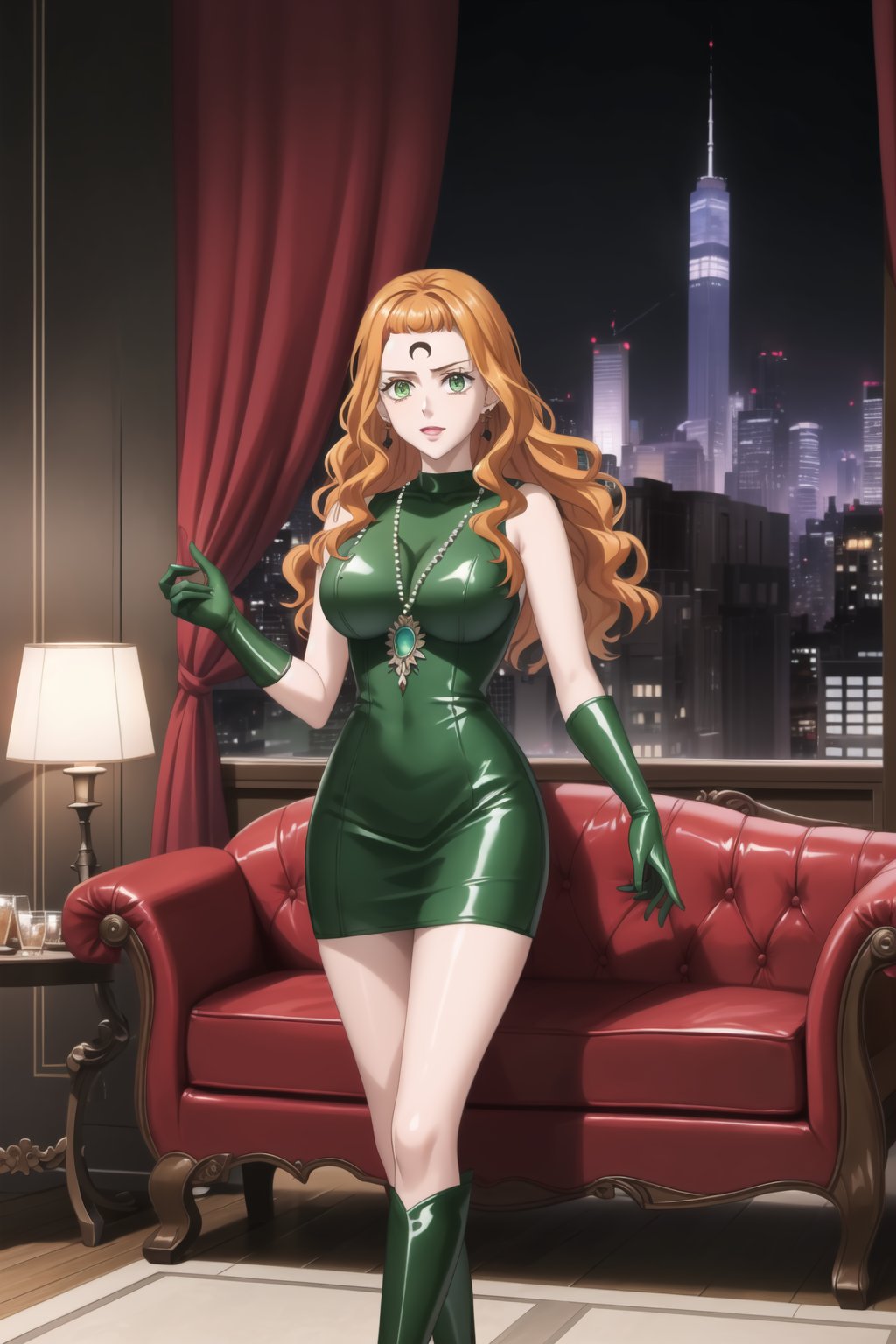 (best quality), (highly detailed), masterpiece, (official art),mimosa vermillion, orange hair, green eyes.
Forehead mark, crescent facial mark, black crystal earrings, jewelry.  Dark green dress, latex, sleeveless dress, turtleneck_dress, short dress, elbow gloves, green gloves, black knee-high boots, large turquoise necklace, gemstone necklace:1.2, standing.
Modern luxury lounge with dim lighting, featuring sleek black leather sofas, glass tables, and soft ambient lighting from wall sconces. A large window in the background reveals a city skyline at night, adding a touch of sophistication to the scene.,b1mb0