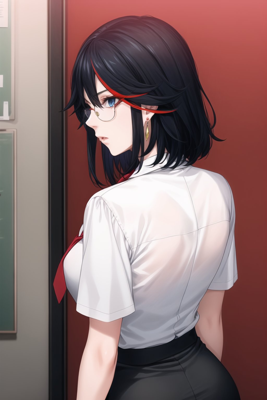 Ryuuko Matoi, the SKS Office Lady, stands stoic in a close-up shot. Her long, multicolored hair cascades down her back, while her blue eyes appear empty and expressionless. The subtle parting of her lips gives an air of subtle hypnosis. She wears glasses with red frames, a pencil skirt, pantyhose, earrings, and a necktie, exuding professionalism in formal attire. Her black hair streaked with red hues falls just above her shoulders, framing her bespectacled face.