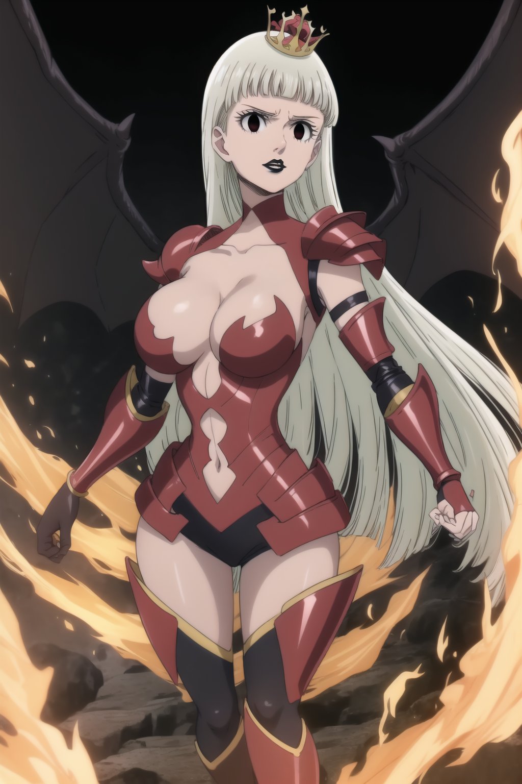 (best quality), (highly detailed), masterpiece, (official art), (Elizabeth, black hair, blunt bangs, long hair):1.2, facial mark, black lips:1.4, makeup:1.2, black eyes:1.2, black latex battle armor with intricate demon runes, high-heeled latex boots, latex gauntlets, dark crystal crown, standing in the midst of a demonic battlefield, flames and lava surrounding her, her expression fierce and ruthless, solo female, large breasts, cowboy shot, looking at viewer, perfect face, realistic body, high-definition quality, powerful and intimidating, demon princess warrior, b1mb0,