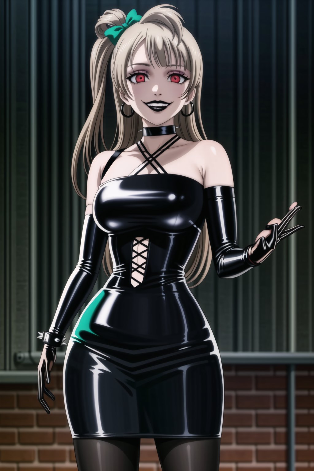 ((best quality)),  ((highly detailed)),  masterpiece,(Black lips:1.4), (white skin:1.4), ((official art)),  detailed face,  beautiful face, (cross-laced clothes:1.3), narrow_waist:1.3, dominatrix:1.4 , (intricate Black dress:1.4), (detailed eyes,  deep eyes),science fiction, cyberpunk:1.3, street,  pose:1.3, s,((smirk, grin, naughty face, seductive smile, smug)) ,cowboy shot,(lips), minami kotori, long hair,  bangs, hair bow, green bow, (red eyes:1.3),   (spiked bracelet), corset:1.4, (black hoop earring:1.3), curvaceous, voluptuous body, (makeup:1.5) (lips:1.3), (latex:1.3),  (black tube top:1.2), gloves,(elbow gloves:1.2), skirt, black choker, pencil skirt, pantyhose, miniskirt, (black skirt), black gloves, black legwear, large breasts:1.2, (intricately detailed, hyperdetailed), blurry background, depth of field, best quality, masterpiece, intricate details, tonemapping, sharp focus, hyper detailed, trending on Artstation, 1 girl, solo, high res, official art,,<lora:659111690174031528:1.0>