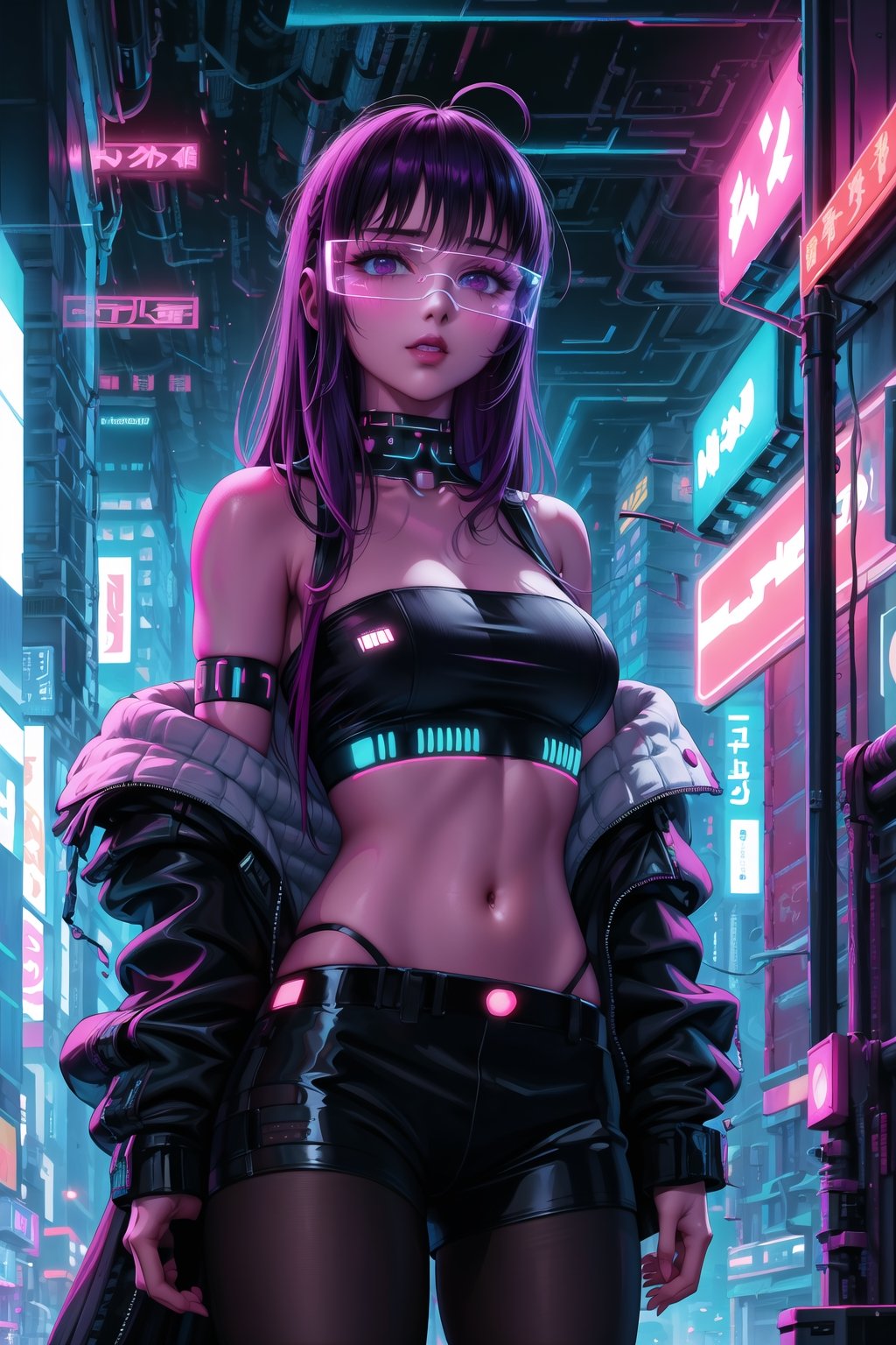 masterpiece,best quality,highres,ultra-detailed,purple hair, long hair, Saori, ((hacker)), ((black tube top,navel)),fishnets ,computer, monitor, wive, cable,(( cyberpunk)), indoors, neon nigth, ((Cyborg)), ((star wars)), chip, cyberpunk, collar, jacket,((cyberpunk glasses)), confident and curious gaze, futuristic cyberpunk hacker attire, high-tech bodysuit with glowing circuitry patterns, fingerless gloves and augmented reality glasses, underground hacker den, surrounded by screens displaying code and data, typing rapidly on a holographic keyboard, exuding intelligence and tech-savviness, cyberpunk and gritty atmosphere, dark color palette with neon highlights