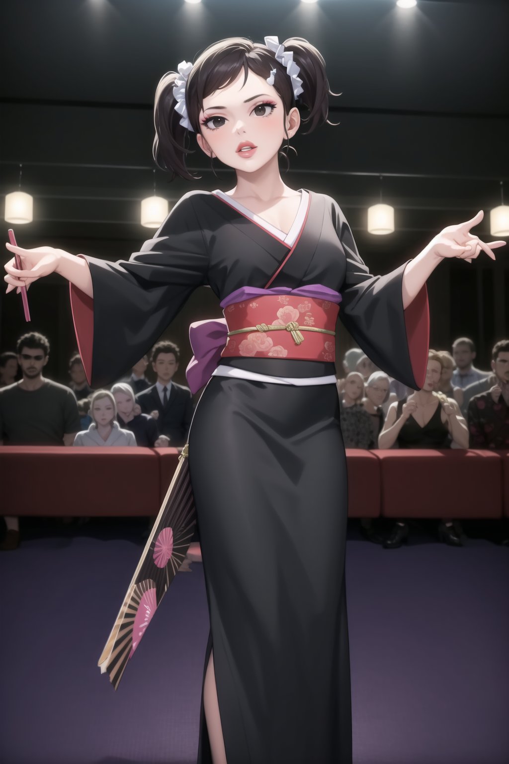 (best quality), (highly detailed), masterpiece, (official art),  becky blackbell, black hair, hair ornament, twintails, hairclip, scrunchie, hair scrunchie, lips:1.2,  makeup:1.2, lipstick:1.2,  makeup, black eyes:1.2,black kimono,obi, dance,hand fan,white confetti,, looking at viewer, (/nightclub scene, neon lights)), , club, (nigth club), ,hd quality, perfect face ,realistic, realistic body , perfect face sync,night club,StandingAtAttention,night club,b1mb0, dancing:1.2,