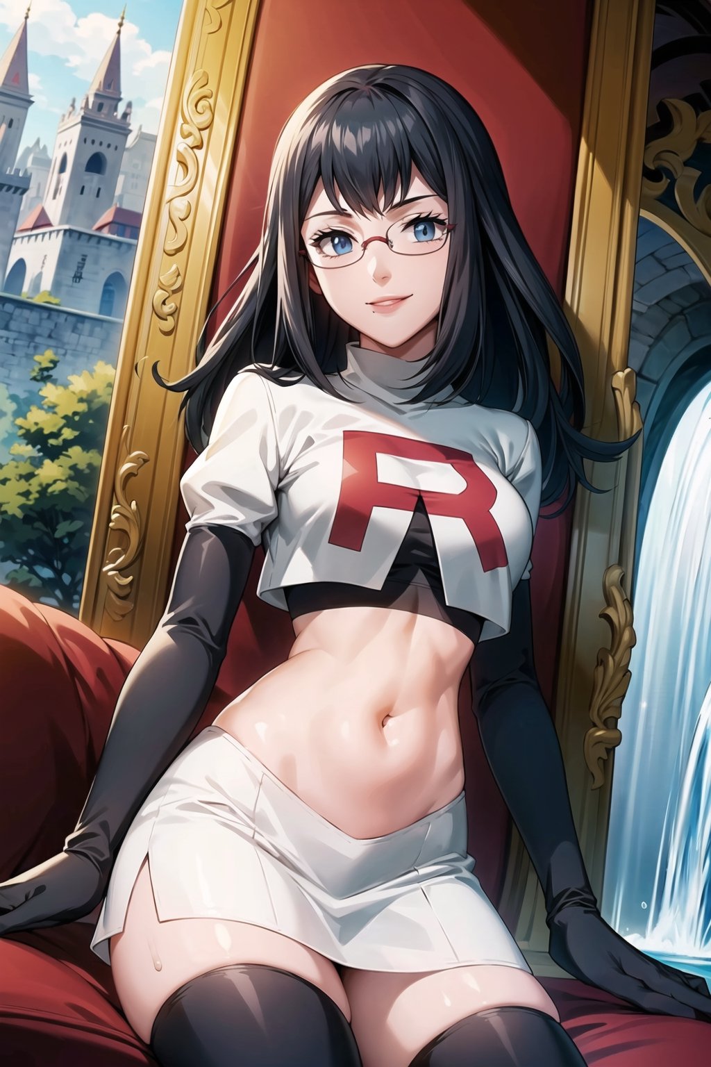 ((best quality)), ((highly detailed)), masterpiece, ((official art)),  lolopechka, (black hair), bangs, long hair, glasses, posing, lips, ( evil smile), ,Team Rocket, cropped jacket, white jacket, crop top, jacket, gloves, black gloves, elbow gloves, navel, midriff, white skirt, miniskirt, skirt, thighhighs, looking at viewer, cowboy shot, temple, throne, sitting ,scenery,indoor,(water:1.2). (water wall:1.2), (castle, temple),intricately detailed, hyperdetailed, blurry background, depth of field, best quality, masterpiece, intricate details, tonemapping, sharp focus, hyper detailed, trending on Artstation, 1 girl, high res, official art,