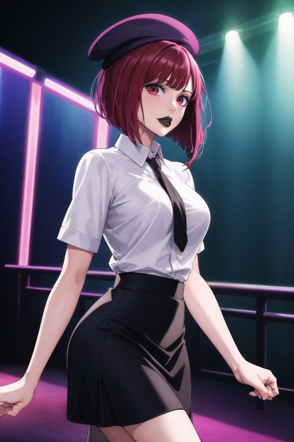 (best quality), (highly detailed), masterpiece, (official art), aakana, short hair, beret, red eyes, black headwear,, solo,  lips:1.2, black lips:1.4, lipstick:1.2, skirt, black neckktie, latex:1.2, pencil_skirt, shirt, standing, looking at viewer, white shirt, breasts, black skirt, looking at viewer, (/nightclub scene, neon lights), , club, (nigth club), ,hd quality, perfect face ,realistic, realistic body , perfect face sync,night club,StandingAtAttention,marinette,night club,b1mb0, 