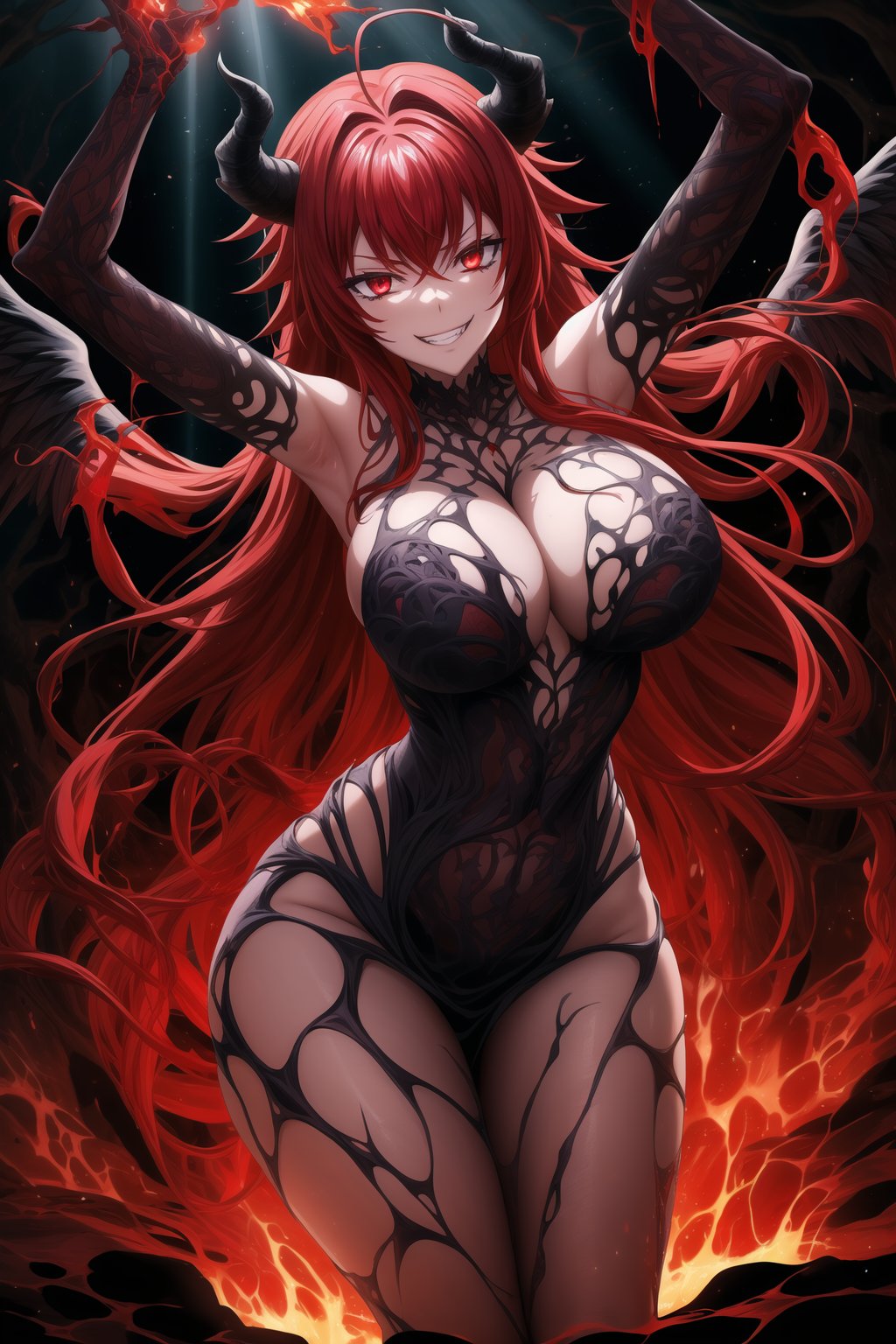 In this masterpiece of official art, Rias Gremory embodies malevolence as a demon with an evil grin and long, flowing red hair framing her face. Her delicate ahoge adds a touch of elegance to her demonic visage. With black wings spread wide behind her, she floats in a hellish environment bathed in soft, glowing fire. The darkness is illuminated by rays of dark light shining down from the heavens, highlighting her figure as she stands with arms outstretched, welcoming all with a violent and demonic presence. Her red eyes seem to pierce through the darkness, while intricate black veins pulse beneath her organic skin, exuding bio-luminescent energy.