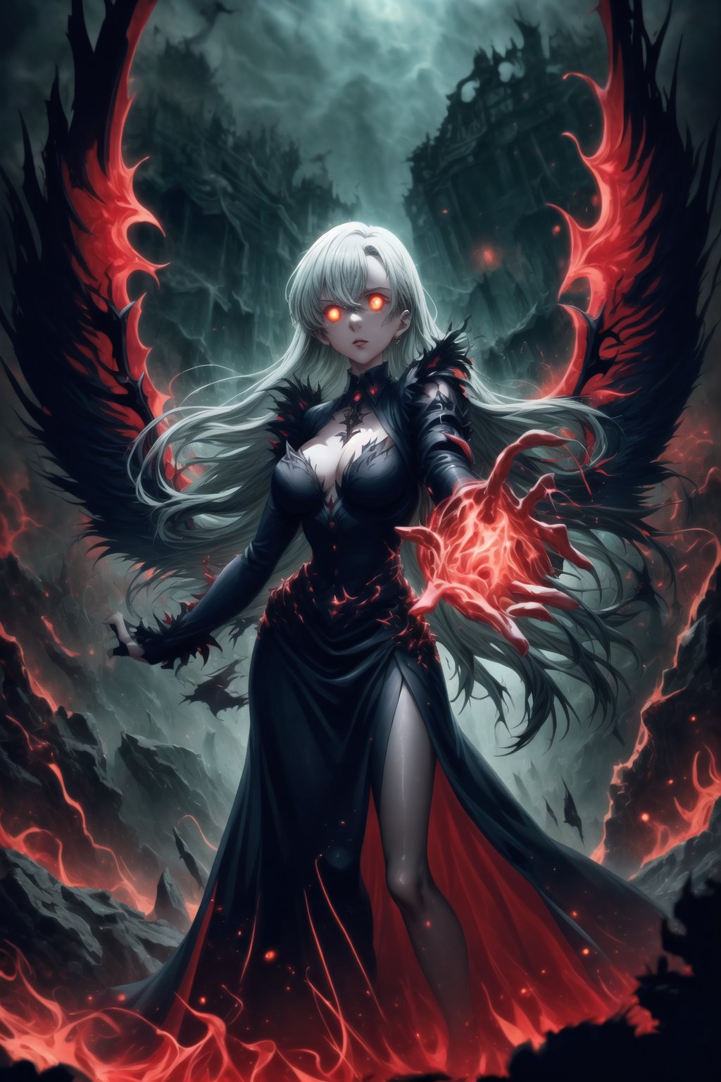 Elizabeth, black hair, lips, ruler of hell, black wings,darkness wings,wings,demon wings,stands as a malevolent dictator, her long hair flowing like darkness itself, gradient from white to dark, framing her cold gaze. Her elaborate gown, adorned with sinister symbols and glowing red accents, reflects her dominance and cruelty. The background features a hellish landscape: rivers of lava, jagged rocks, tormented souls, and dark clouds with lightning. Eerie, red and black glows illuminate the scene, capturing the dark and oppressive atmosphere of her dominion.,GFX