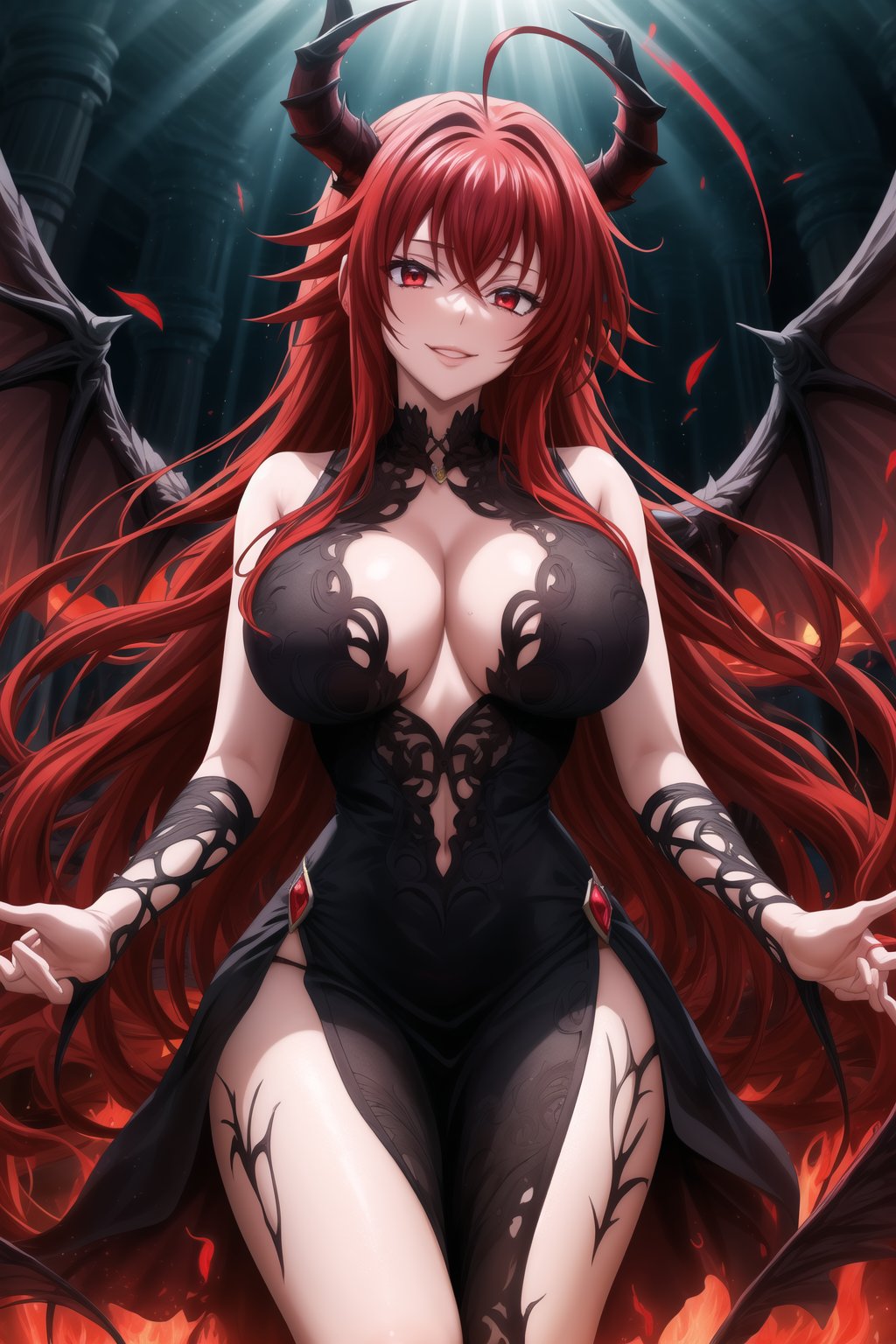 (best quality), (highly detailed), masterpiece, (official art), Rias Gremory as a malevole demon , lips evil smile, with long flowing red hair and a delicate ahoge, darkness black wings spread wide behind her. She is wearing a intricatr, elegant black gown that flows gracefully around her, softly billowing as she floats in the hell. Rias stands with her arms,as if welcoming you with a violento and demonic presence, her red eyes. Rays of dark light shine down from the heavens, illuminating her figure, while she hovers among soft, glowing fire. The hell with red rays breaking through, creating atmosphere. Her wings emit a darkness, ethereal light, adding to her demonic presence.