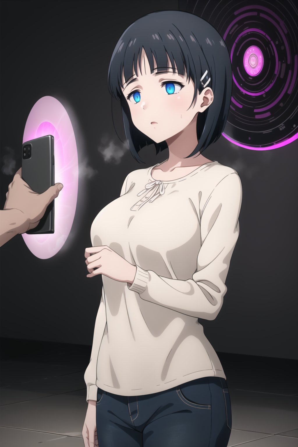 ((best quality)),  masterpiece, dynamic angle, suguha, Bob cut, short hair, black hair, hair clip,   (backPhone:1.4), (1girl, holding phone, pink glowing, mind control, hypnosis,empty eyes), ,Anime illustration, close-up of a woman, standing, completely hypnotized, in a trance. Wearing a casual outfit with a white blouse and blue jeans, eyes wide open with swirling patterns, expression blank and unresponsive, arms hanging limply at her sides. Background is a dark room with a glowing, spiraling hypnotic pattern on a large screen behind her, casting an eerie light. The room is dimly lit with shadows, creating a mysterious and unsettling atmosphere. Subtle fog effects on the floor, adding to the surreal ambiance.,empty eyes