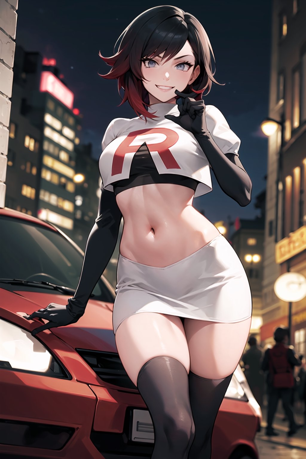 (best quality), (highly detailed), masterpiece, (official art), (ruby rose:1.2), posing, ( evil smile:1.2), Team Rocket, cropped jacket, white jacket, crop top, jacket, gloves, black gloves, elbow gloves, navel, midriff, white skirt, miniskirt, skirt, thighhighs,, looking at viewer, china, asiática, city, night, sky, (intricately detailed, hyperdetailed), blurry background,depth of field, best quality, masterpiece, intricate details, tonemapping, sharp focus, hyper detailed, trending on Artstation,1 girl, high res, official art