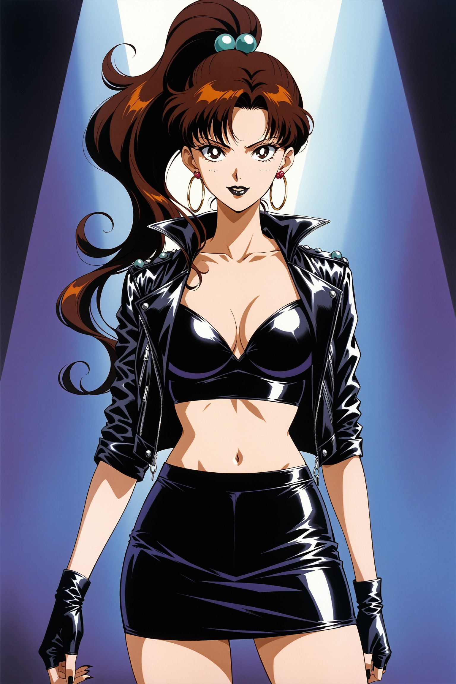 (masterpiece, best quality, very aesthetic, ultra detailed), lips, black lips:1.2, evil smile, evil, villain, corrupted, dark persona,intricate details, 4k, aajupiter, long hair, brown hair, ponytail, hair bobbles,, black gloves, black jacket:1.2, black skirt:1.2, breasts, cleavage, closed mouth, collarbone, cowboy shot, ((black crop top)), hoop earrings, fingerless gloves, gloves, highres, black leather jacket, jewelry, , medium breasts, midriff, miniskirt, navel, pencil skirt, skirt, solo, standing, stomach, striped, striped bow, thigh strap,((retro anime style, detailed retro anime)),  