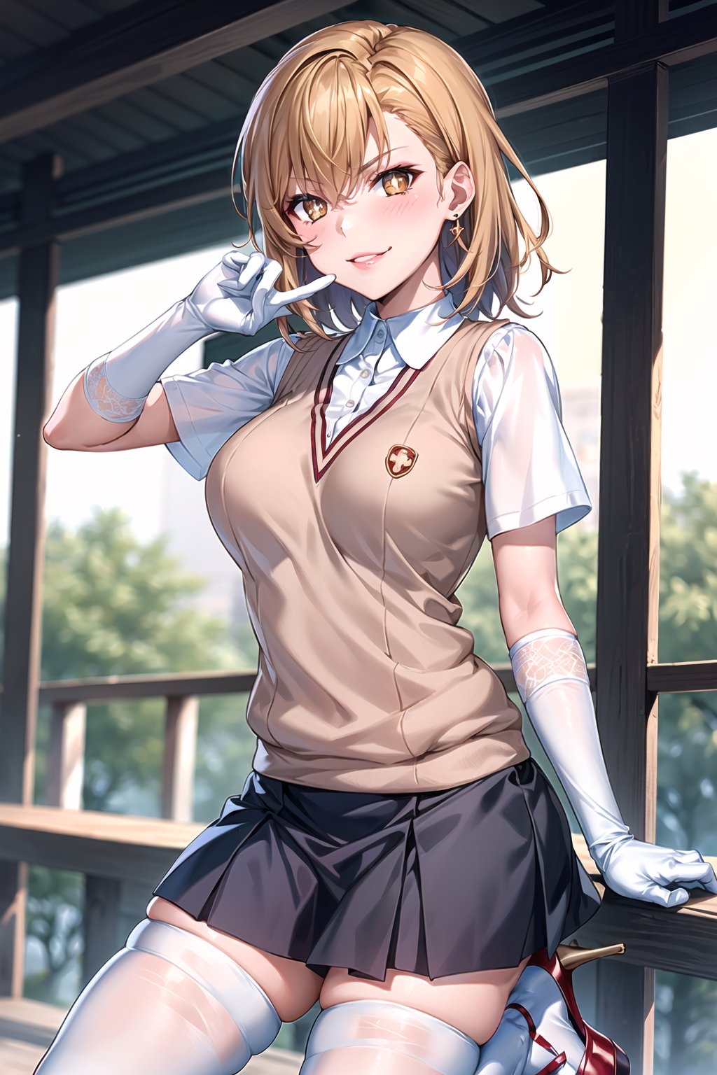 ((best quality)),  ((highly detailed)),  masterpiece,1girl, ((closed_mouth, sparkling_eyes, smug, shaded_face,evil smile)),(large breasts), tokiwadai school uniform, sweater vest, short sleeves, (((high heels))),((white gloves, elbow gloves)), pleated skirt, white thighhighs ,1girl, lips:1.3, red lips, makeup:1.3, ((gyaru)) ,jewelry, blush, earrings, looking at viewer, standing, cowboy shot, blonde hair, school, short hair, aamikoto ,hmmisaki,hypnoCollar,V-shaped eyebrows, 1girl, symbol-shaped pupils, +_+, 