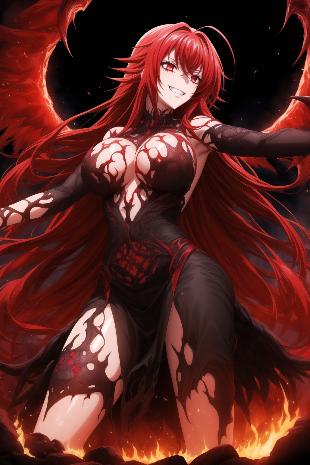 In this masterpiece of official art, Rias Gremory embodies malevolence as a demon with an evil grin and long, flowing red hair framing her face. Her delicate ahoge adds a touch of elegance to her demonic visage. With black wings spread wide behind her, she floats in a hellish environment bathed in soft, glowing fire. The darkness is illuminated by rays of dark light shining down from the heavens, highlighting her figure as she stands with arms outstretched, welcoming all with a violent and demonic presence. Her red eyes seem to pierce through the darkness, while intricate black veins pulse beneath her organic skin, exuding bio-luminescent energy.