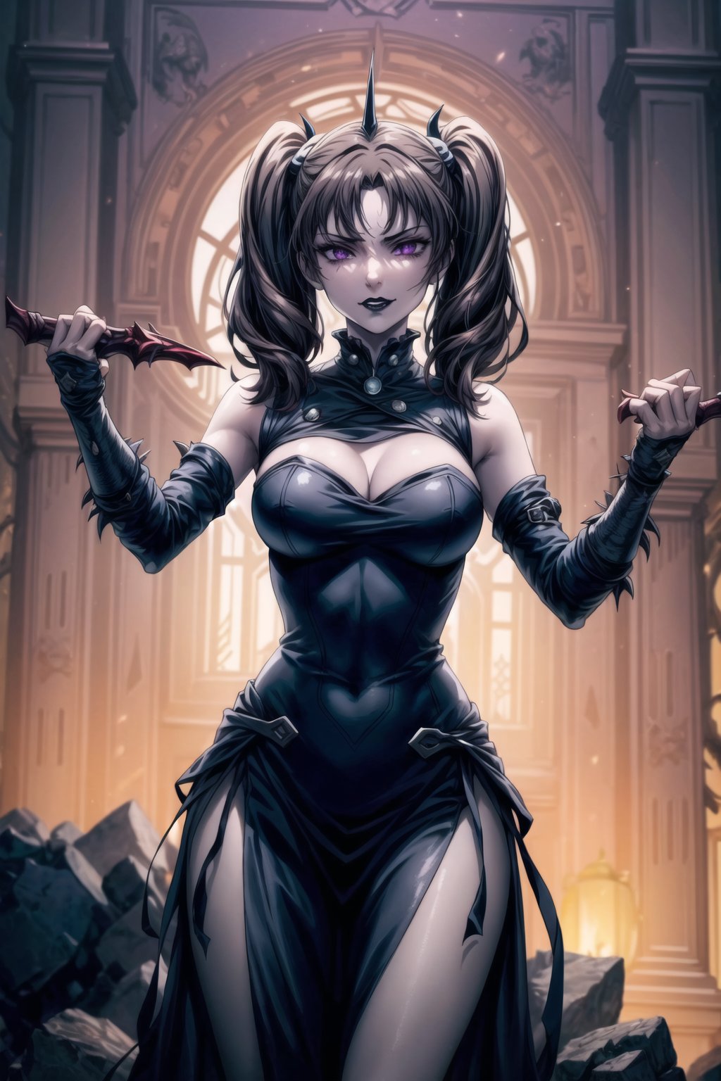 ((Best quality)), masterpiece, Diane, twintails, bangs, brown hair, purple eyes,((Lips, black lips))

Anime illustration of Diane as the personal minion and elite warrior of Elizabeth, the ruler of hell. Diane has been corrupted by the same dark power and forbidden magic, transformed into a succubus serving the dark queen. Her brown hair is styled in twintails with bangs, and her eyes now glow with an unnatural, sinister purple hue.

Diane wears a revealing, dark armor adorned with infernal symbols and spikes, designed for both seduction and combat. Her outfit is accented with glowing red and black highlights, matching the malevolent aesthetics of her queen. Her demeanor is one of unwavering loyalty and cruelty, reflecting her complete submission to Elizabeth's will. 

The background continues to feature the hellish landscape with rivers of lava, jagged rocks, and tormented souls. Diane stands ready for battle, her posture indicating readiness to enforce her queen's cruel commands. The scene is lit with the same eerie red and black glows, emphasizing the dark and oppressive atmosphere of their infernal domain.