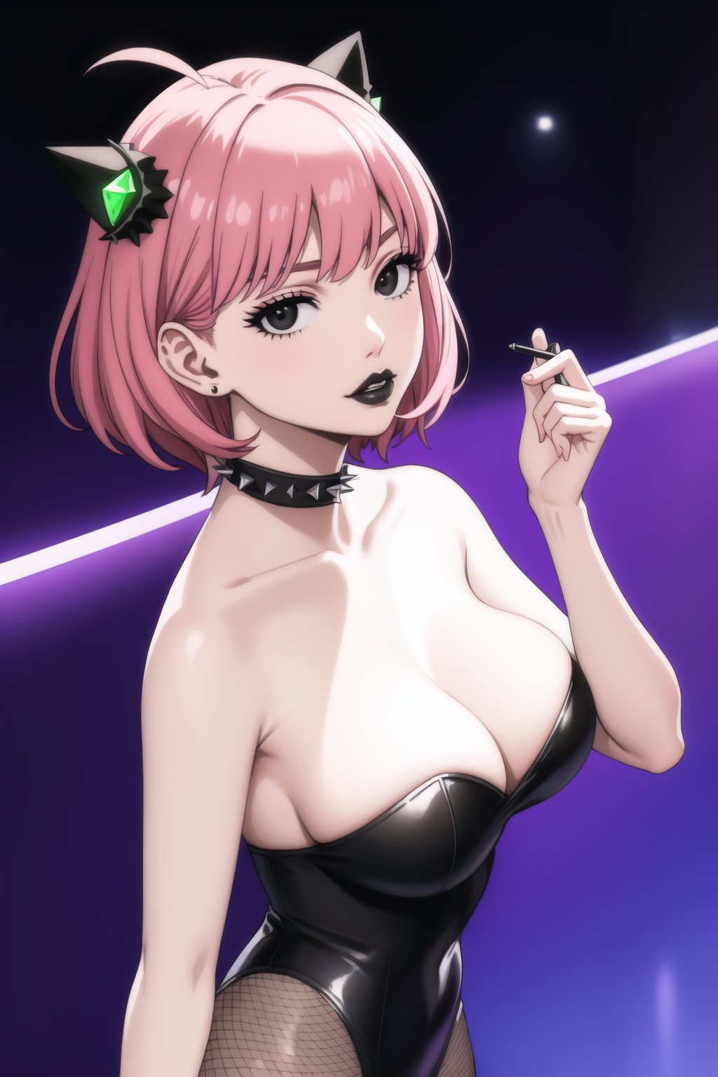 (best quality), (highly detailed), masterpiece, (official art),  ,anya forger:1.3,ahoge, hair ornament,( anya, hair ornament, pink hair, short hair),Earrings,   gem earring:1.2,black_earrings, lips:1.2, black lips:1.4, makeup:1.2, lipstick:1.2, spiked collar:1.2, makeup, black eyes:1.2, ,black_leotard, leotard:1.3,strapless:1.2, pantyhose,lips, cowboy shot, large breast, looking at viewer, (/nightclub scene, neon lights)), , club, (nigth club), ,hd quality, perfect face ,realistic, realistic body , perfect face sync,night club,StandingAtAttention,marinette,night club,b1mb0, dancing:1.2