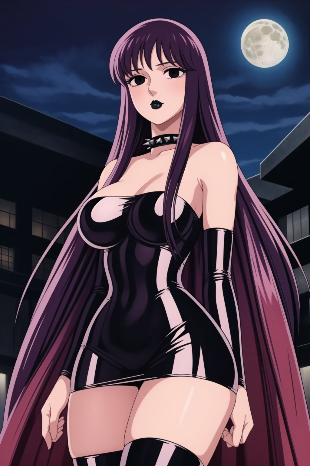 ((best quality)),  ((highly detailed)),  masterpiece,  ((official art)),(Saori Kido, Saori, long hair, black hair:1.3),((black eyes, empty eyes,expressionless,hypnosis)),(((white skin))) ,((makeup,lipstick, black lips:1.2)),absurdres, (spiked collar:1.2), capelet,black cape, cape, coyboy shot:1.3, thighhighs, lips,  blush,  (black latex:1.3),  black dress:1.2,  miniskirt  ((bodyconf)),  bare shoulders,  (( strapless)),  large breast,  looking at viewer,  street,  city,  nigth,  moon,  club,  (nigth club),  , hd quality,  perfect face , realistic,  realistic body,  perfect face sync,  , b1mb0,,,black lips,Saori Kido