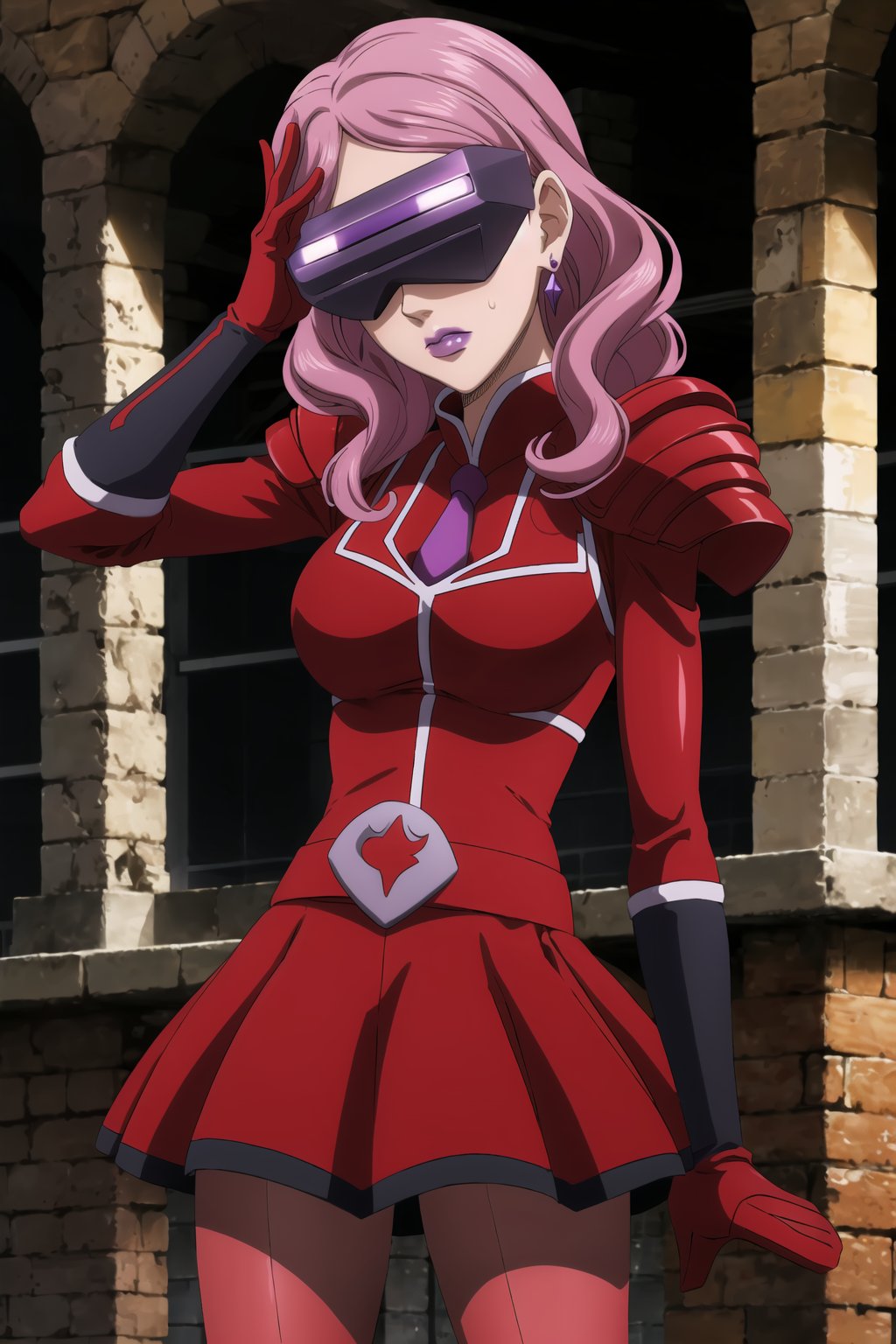 (best quality), (highly detailed), masterpiece, (official art),Vanessa, jewelry, earrings, long hair, pink hair,, mature_female, 1girl, solo, ((head-mounted display)), ((purple lips:1.2)), (team flare:1.2),  gloves,((armor, juliet_sleeves:1.2)), long_sleeves , pleated skirt,  necktie, red dress, belt, red dress, (pantyhose, red footwear1.2), (lips:1.2), ((arms at sides)),, cowboy shot, looking at viewer, indoors, blurry background,depth of field, best quality, masterpiece, intricate details, tonemapping, sharp focus, hyper detailed, trending on Artstation, salute,nozomi toujou