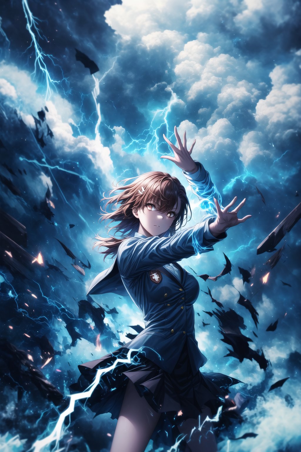 1girl, mikoto_misaka, short hair, brown hair, brown eyes, school_uniform, skirt, electricity, electric_charge, lightning_bolt, standing, side_view, arms extended, charging energy, fierce expression, sparks flying, electricity arcing between her hands, huge lightning bolt forming, glowing blue aura around her body, debris floating due to energy, wind blowing her hair and clothes, GFX elements: neon electric currents, glowing sparks, electric streaks in the air, shockwaves, dynamic lighting with high contrast, glowing effects around her body, shattered ground from the impact of power, floating particles, motion blur on the lightning arcs, energy distortions, sharp highlights on electricity, dark stormy clouds,aamikoto