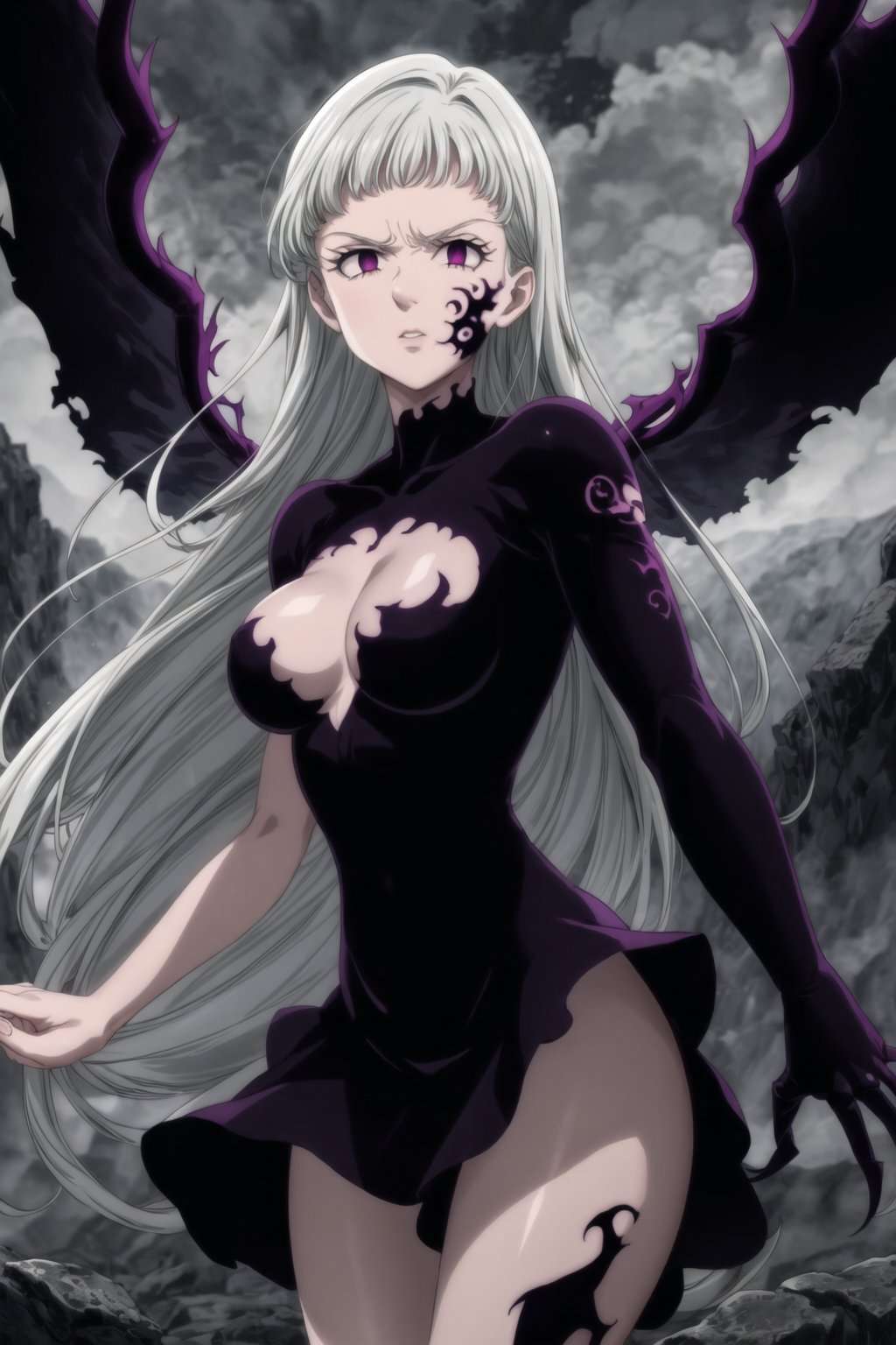 monochrome,greyscale,(tattoo,facial mark,aura,glowing,bodypaint,smoke,dark aura:1.2),1girl,long hair,medium breasts,black hair,angry,purple eyes,wings,claws,looking at viewer,nude,censored,armor,convenient censoring,Elizabeth, black hair, lips, ruler of hell, stands as a malevolent dictator, her long hair flowing like darkness itself, gradient from white to dark, framing her cold gaze. Her elaborate gown, adorned with sinister symbols and glowing red accents, reflects her dominance and cruelty. The background features a hellish landscape: rivers of lava, jagged rocks, tormented souls, and dark clouds with lightning. Eerie, red and black glows illuminate the scene, capturing the dark and oppressive atmosphere of her dominion.