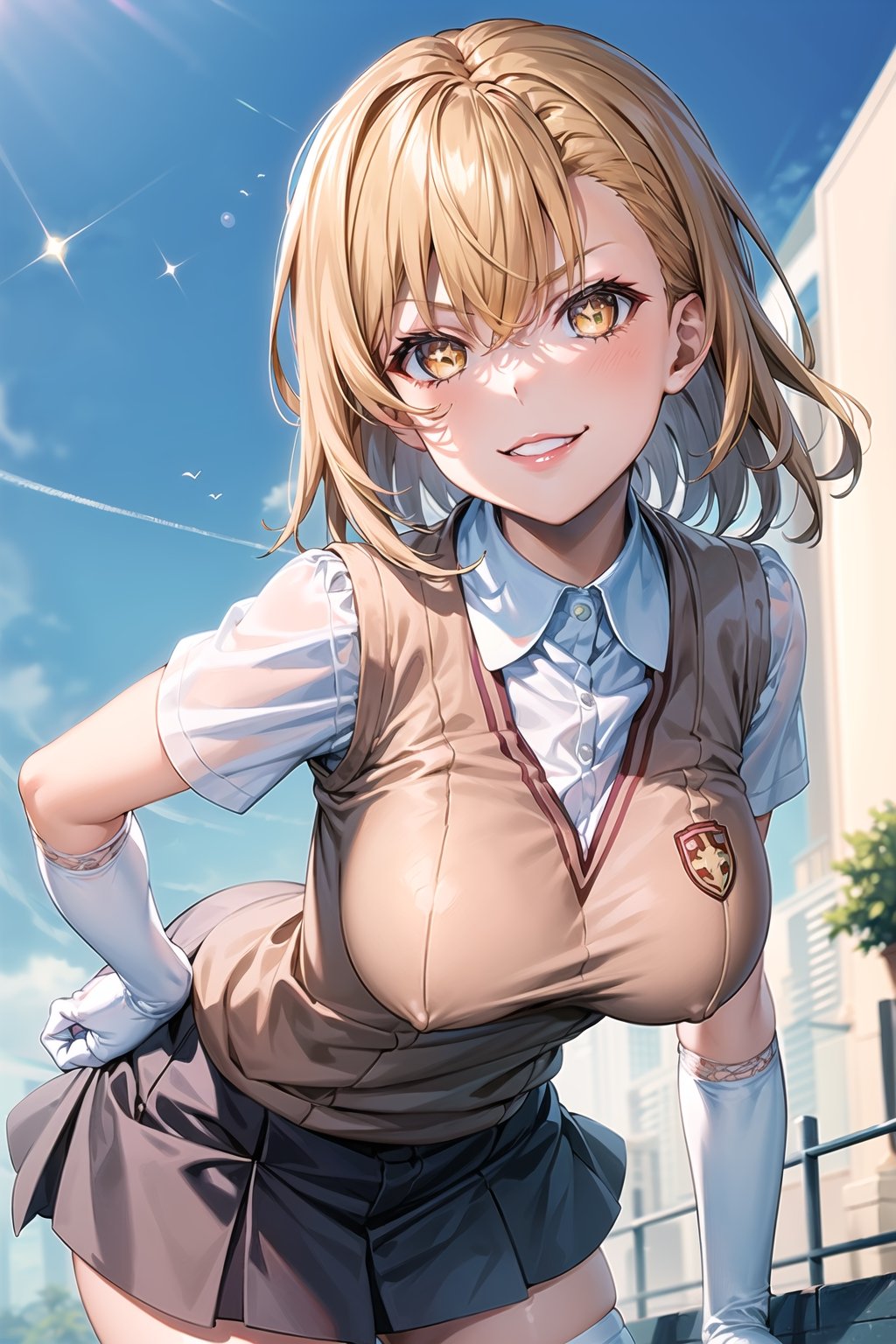 ((best quality)),  ((highly detailed)),  masterpiece,1girl, ((sparkling_eyes, smug, shaded_face,evil smile)),(large breasts), tokiwadai school uniform, sweater vest, short sleeves, ((white gloves, elbow gloves)), pleated skirt, white thighhighs ,1girl, lips:1.3, red lips, makeup:1.3, ((gyaru)), blonde hair, school, short hair, aamikoto, leaning_forward,1girl, symbol-shaped pupils, +_+, 