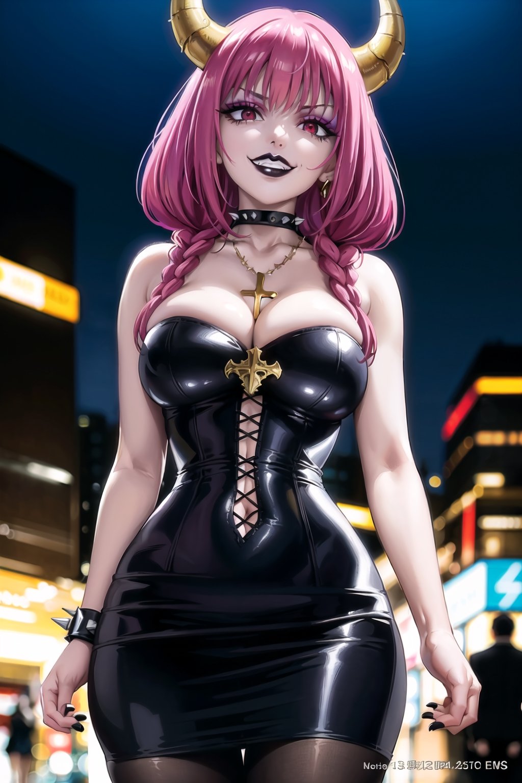 ((best quality)),  ((highly detailed)),  masterpiece,(Black lips:1.4), (white skin:1.4), ((official art)),  detailed face,  beautiful face, (cross-laced clothes:1.3), narrow_waist:1.3, dominatrix:1.4 , (intricate Black dress:1.4), (detailed eyes,  deep eyes),(science fiction, cyberpunk:1.3, street, shopping, dark background),((smirk, grin, naughty face, seductive smile, smug)) ,cowboy shot,(lips), (aura the guillotine, long hair, purple hair, braid, horns, twin braids), (red eyes:1.3),   (spiked bracelet), corset:1.4,chinese dress:1.2, (intricate black earring:1.3), curvaceous, voluptuous body, (makeup:1.5) (lips:1.3), (latex),  (black tube top:1.2), gloves, fingerless gloves, skirt, black choker, belt, pencil skirt, pantyhose, miniskirt, (black skirt), black gloves, black legwear, black choker, Black nails,large breasts:1.2, conspicuous elegance, snobby, upper class elitist, possesses an arroaant charm. her Dresence commands attention and enw, (intricately detailed, hyperdetailed), blurry background, depth of field, best quality, masterpiece, intricate details, tonemapping, sharp focus, hyper detailed, trending on Artstation, 1 girl, solo, high res, official art,RockOfSuccubus,