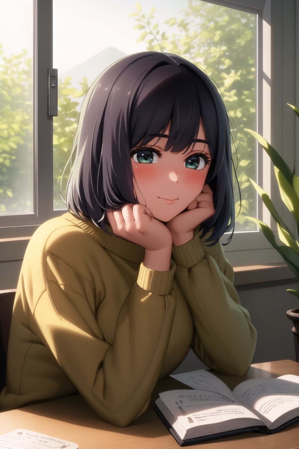 masterpiece, best quality, 1girl, looking at viewer, blush, long sleeves, sitting, closed mouth,  upper body,  indoors, book, window, plant, head rest, book stack, blunt bangs, sweater, soft smile,akane