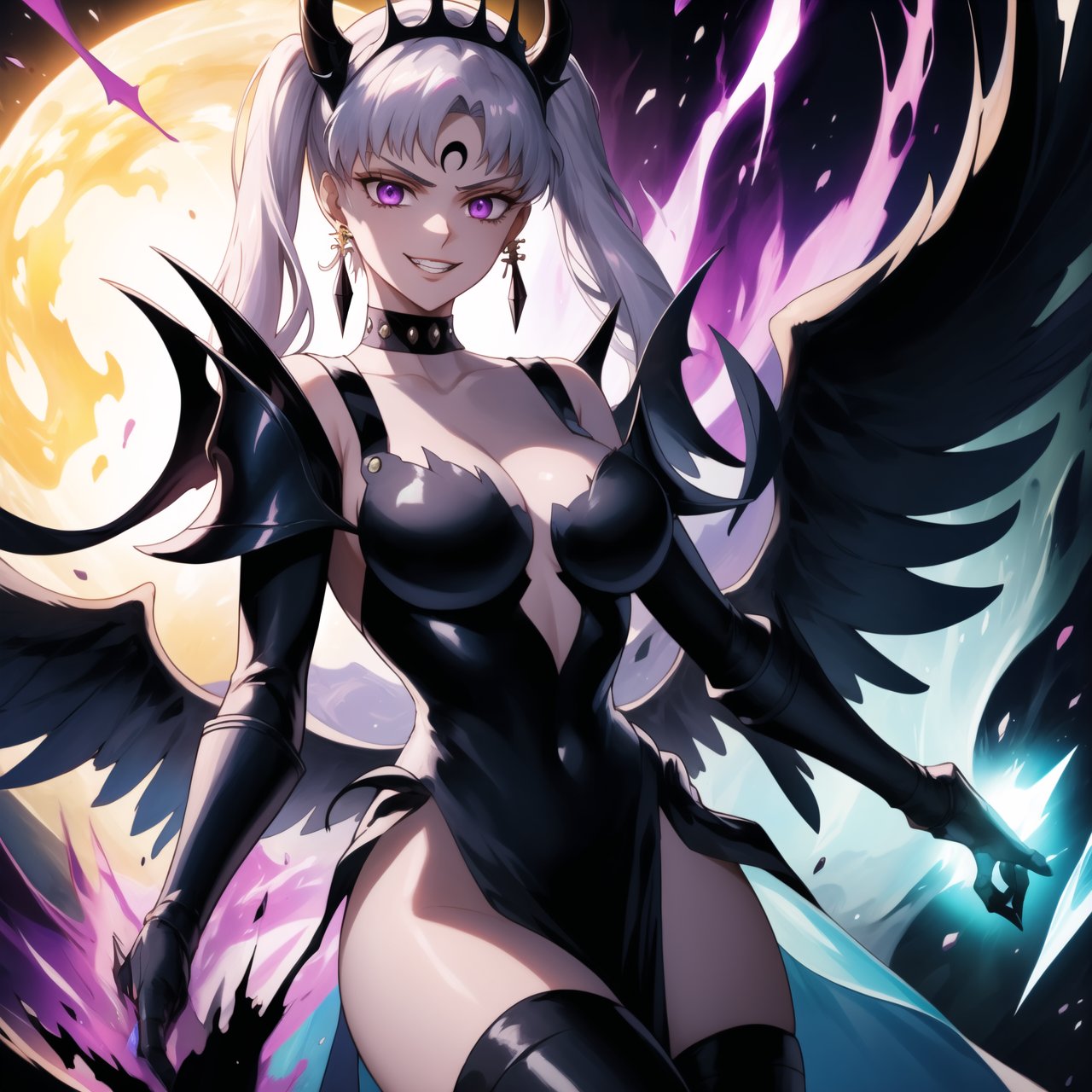 Here's a high-quality prompt for generating an image:

A dark, mystical artwork by noelle_silva, featuring a stunning character with silver hair styled in twintails and bangs, her piercing purple eyes gleaming with malevolent intent. Aged up, she poses confidently, her flowing silver locks framing her wicked grin as she summons dark electricity to strike her foe. She wears retro-armed armor, gloves, and jewelry, including black crystal earrings and a choker, her very presence seeming to draw in the shadows like the crescent-shaped facial mark on her forehead. In the background, a subtle hint of a black moon casts an eerie shadow, while she readies her Dark Sword, wings spread wide as she charges up energy for a devastating attack.