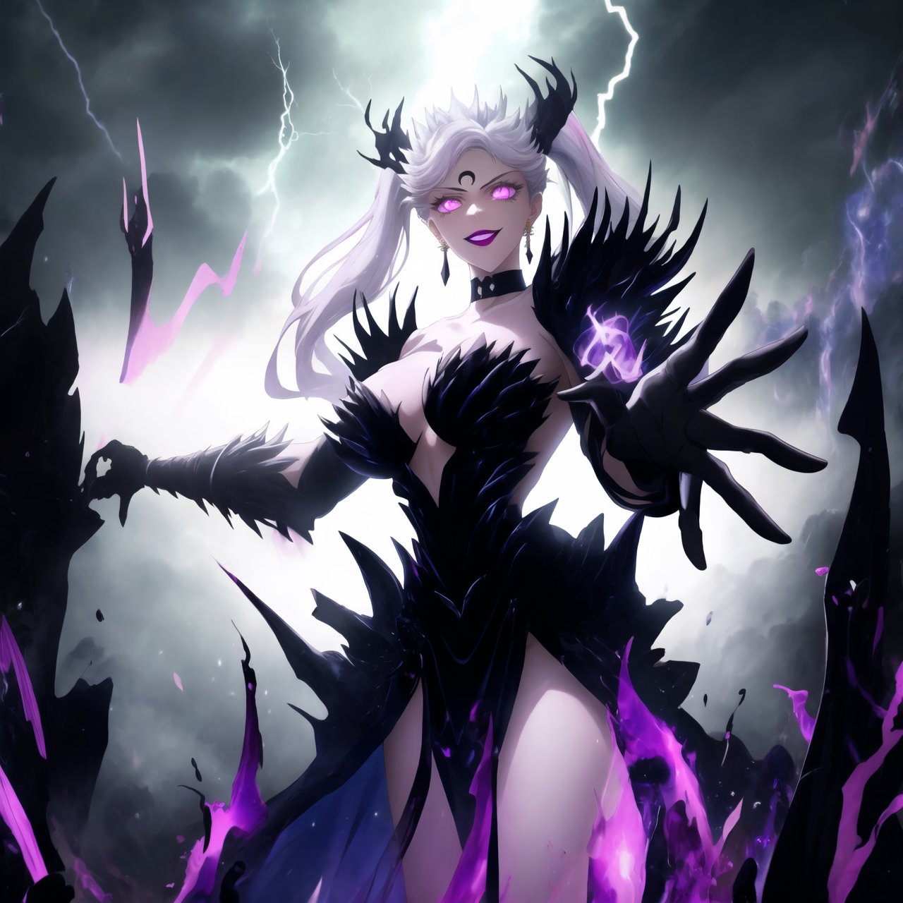 Wallpaper GFX of Noelle Silva's "Dark Thunder" form, aged-up and radiating dark energy. Her silver hair styled in twintails flows through the dark mist, while her sharp purple eyes gleam with malevolence. She stands confidently, her bold lipstick lips curved into a wicked grin. Retro-inspired black and silver armor covers her powerful physique, adorned with intricate black crystal earrings, a matching choker, and ornate gloves. A glowing, crescent-shaped mark on her forehead pulses with dark energy. She summons dark thunder and electricity, crackling around her hand and sword. Her enormous dark wings, made of shadowy tendrils and storm clouds, spread wide behind her. The background features a menacing black moon casting long, eerie shadows across the scene. Flashes of electric purple and black lightning illuminate the swirling clouds, while glowing red runes and sigils pulse in the air around her. The entire scene is bathed in dark and ominous hues, with bursts of glowing energy and digital distortions that create a chaotic yet visually striking aesthetic. Noelle Silva dominates the battlefield, ready to strike