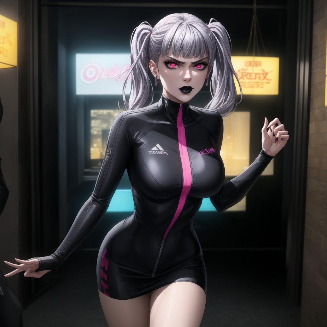 ((Best quality)), masterpiece, realistic illustration of a villainous noelle_silva, silver hair, twintails, blunt bangs:1.2, jewelry. She has glowing pink eyes and red eyes, ,with hoop earrings and black lipstick. Realistic illustration of a villainous ,neon ligth,black supersuit,  cyberpunk,dancing, dance, red eyes, black lipstick, hoop earring, neon suit, high quality, realism, detailed, city lights casting dramatic shadows, fierce and intense gaze, sleek design, professional, atmospheric lighting, villainous twist, ultra realistic, cinematic, octane render, photo realistic, detailed, hyper realism, with neon city lights casting dramatic shadows through the windows, creating an atmospheric lighting. 
The cityscape outside is detailed, with glowing signs and bustling streets. Her fierce and intense gaze, combined with the sleek design of her outfit, gives her a professional yet villainous twist. The scene is ultra-realistic, cinematic, with octane render and photo-realistic details, capturing the essence of hyper realism.,b1mb0,makeup,