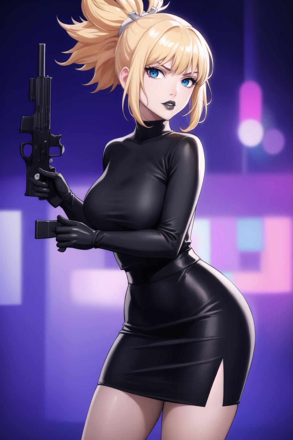 (best quality), (highly detailed), masterpiece, (official art),  kohaku, blonde hair, blue eyes, hair ornament, ponytail, solo,  lips:1.2, black lips:1.4, lipstick:1.2, skirt, black turtleneck shirt, black shirt, latex:1.2, gloves, pencil_skirt, shirt, black gloves, standing, looking at viewer, breasts, black skirt, looking at viewer, (/nightclub scene, neon lights), , club, (nigth club), ,hd quality, perfect face ,realistic, realistic body , perfect face sync,night club,StandingAtAttention,marinette,night club,b1mb0, gun, weapon, holding gun, handgun, holding, pistol, gun, handgun, pistol, holding weapon,  trigger discipline,