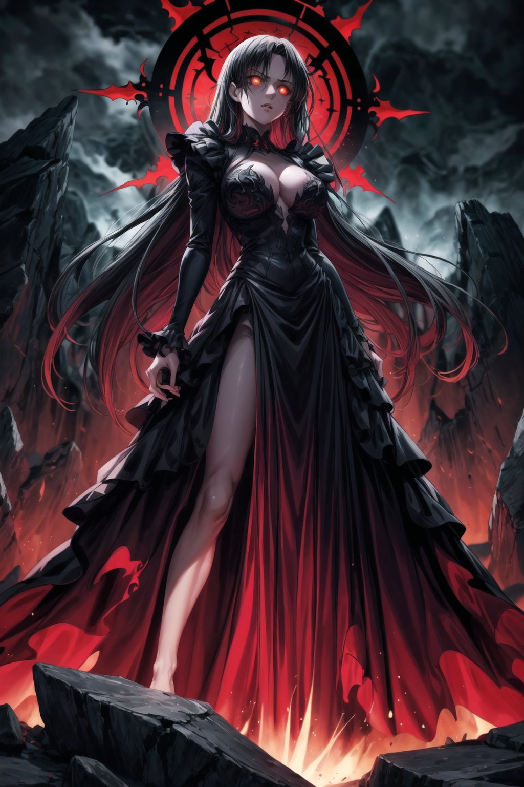 Elizabeth, black hair, lips, ruler of hell, stands as a malevolent dictator, her long hair flowing like darkness itself, gradient from white to dark, framing her cold gaze. Her elaborate gown, adorned with sinister symbols and glowing red accents, reflects her dominance and cruelty. The background features a hellish landscape: rivers of lava, jagged rocks, tormented souls, and dark clouds with lightning. Eerie, red and black glows illuminate the scene, capturing the dark and oppressive atmosphere of her dominion.