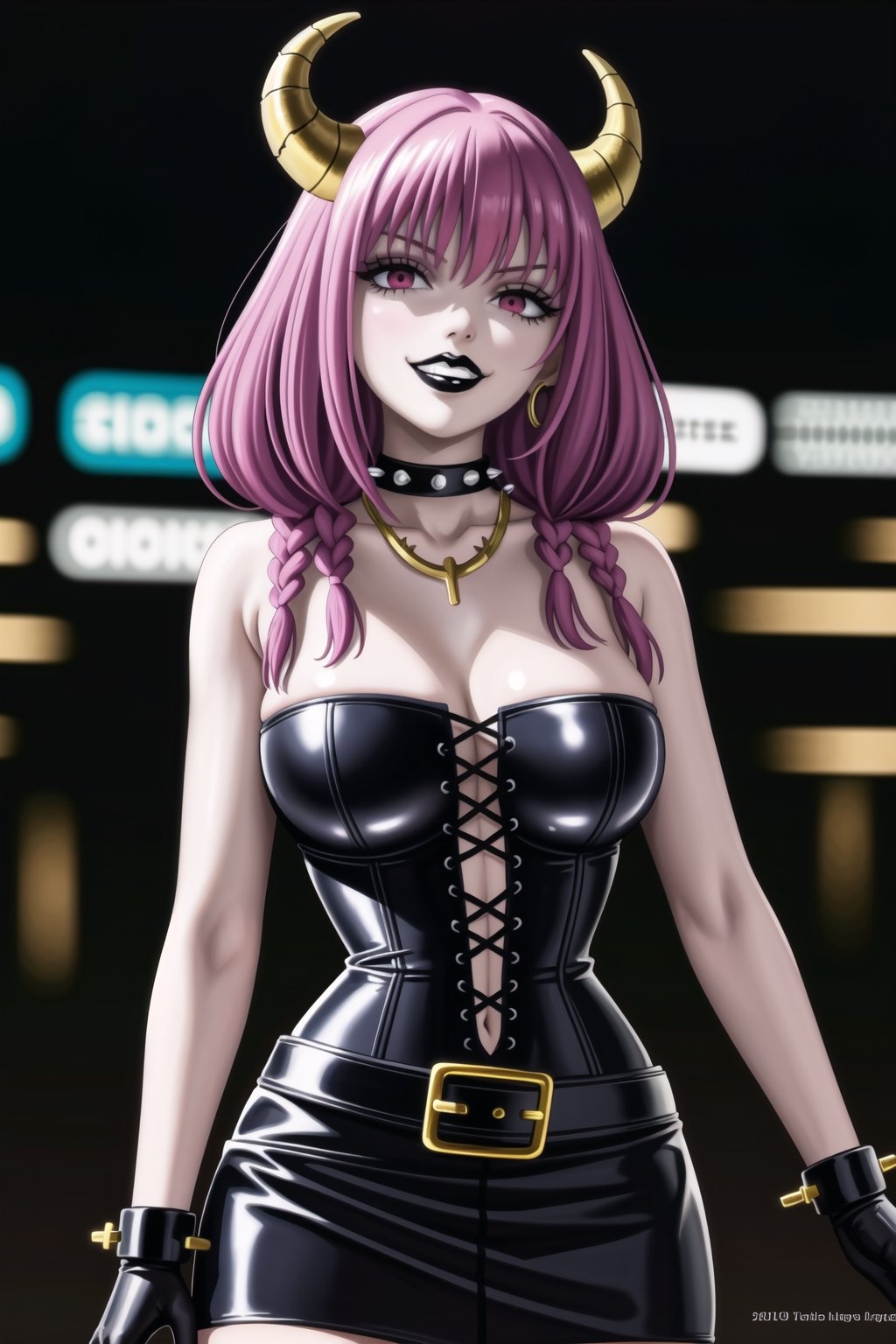 ((best quality)),  ((highly detailed)),  masterpiece,(Black lips:1.4), (white skin:1.4), ((official art)),  detailed face,  beautiful face, (cross-laced clothes:1.3), narrow_waist:1.3, dominatrix:1.4 , (intricate Black dress:1.4), (detailed eyes,  deep eyes),(science fiction, cyberpunk:1.3, street, shopping, dark background),((smirk, grin, naughty face, seductive smile, smug)) ,cowboy shot,(lips), (aura the guillotine, long hair, purple hair, braid, horns, twin braids), (red eyes:1.3),   (spiked bracelet), corset:1.4,chinese dress:1.2, (intricate black earring:1.3), curvaceous, voluptuous body, (makeup:1.5) (lips:1.3), (latex),  (black tube top:1.2), gloves, fingerless gloves, skirt, black choker, belt, pencil skirt, pantyhose, miniskirt, (black skirt), black gloves, black legwear, black choker, Black nails,large breasts:1.2, conspicuous elegance, snobby, upper class elitist, possesses an arroaant charm. her Dresence commands attention and enw, (intricately detailed, hyperdetailed), blurry background, depth of field, best quality, masterpiece, intricate details, tonemapping, sharp focus, hyper detailed, trending on Artstation, 1 girl, solo, high res, official art,RockOfSuccubus,<lora:659111690174031528:1.0>