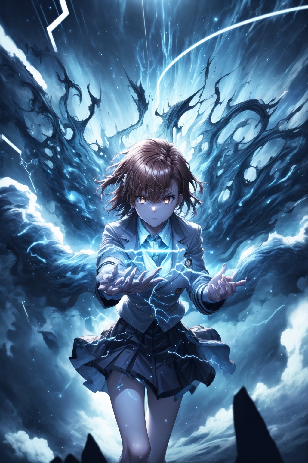 1girl, mikoto_misaka, short hair, brown hair, brown eyes, school_uniform, skirt, electricity, electric_discharge, standing, arms stretched forward, charging_attack, intense focused gaze, glowing electric energy in hands, electricity surging from fingertips, powerful shockwave forming, energy pulsing outward, GFX elements: electric aura, lightning strikes illuminating scene, neon blue electric arcs, charged particles suspended in the air, shattered ground below, glowing blue symbols floating in the air, sparks flying outwards, high-contrast lighting, intense blue flares, glowing mist around, lens flare effects from electricity, glowing circuits running through the air, cinematic energy pulse,aamikoto